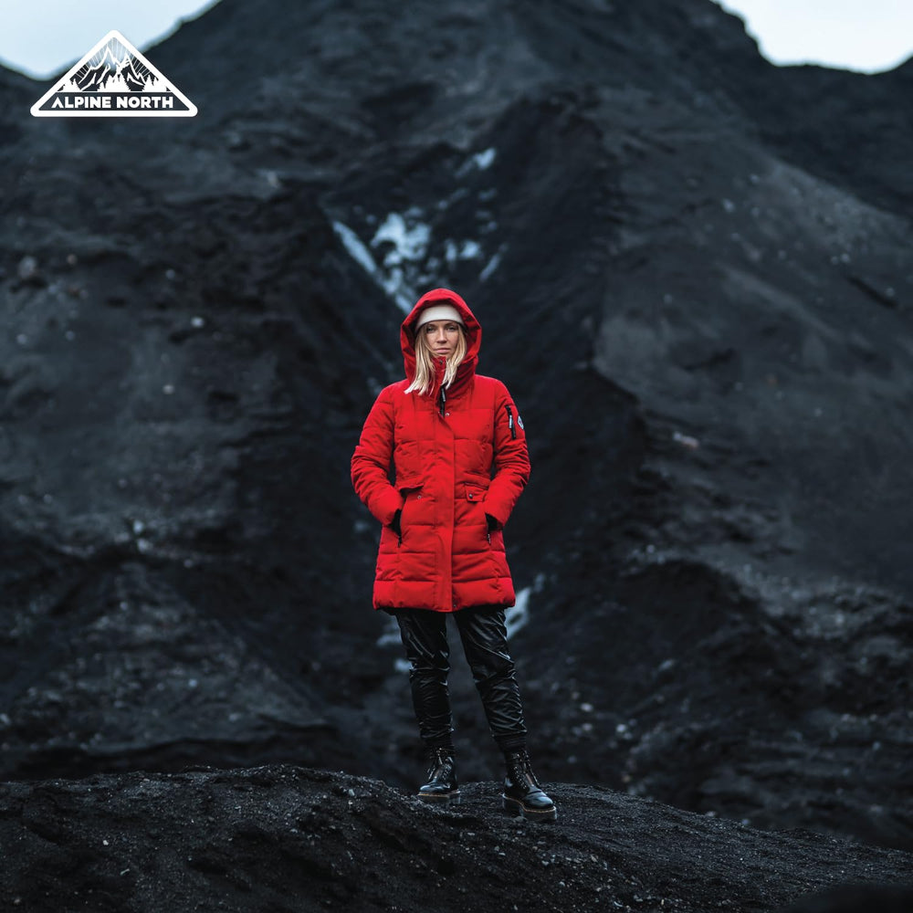 ALPINE NORTH vegan down parka pocket layout showing front pockets and arm patch pocket