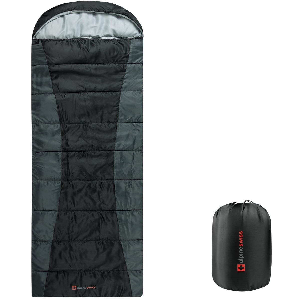 Alpine Swiss 0°C sleeping bag in compression sack for travel and portability.