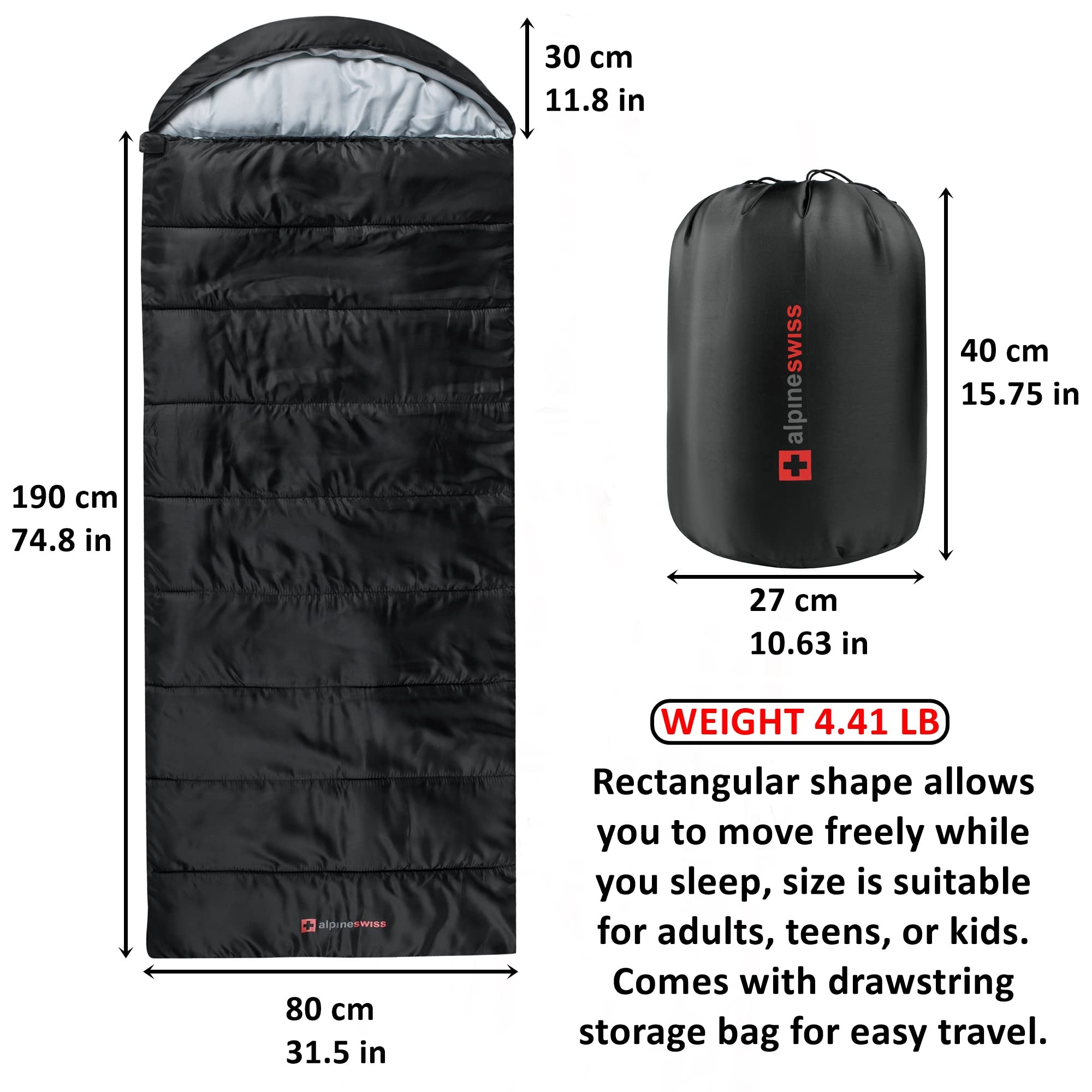 Alpine Swiss sleeping bag with a drawstring hood highlighted for warmth and snug fit.