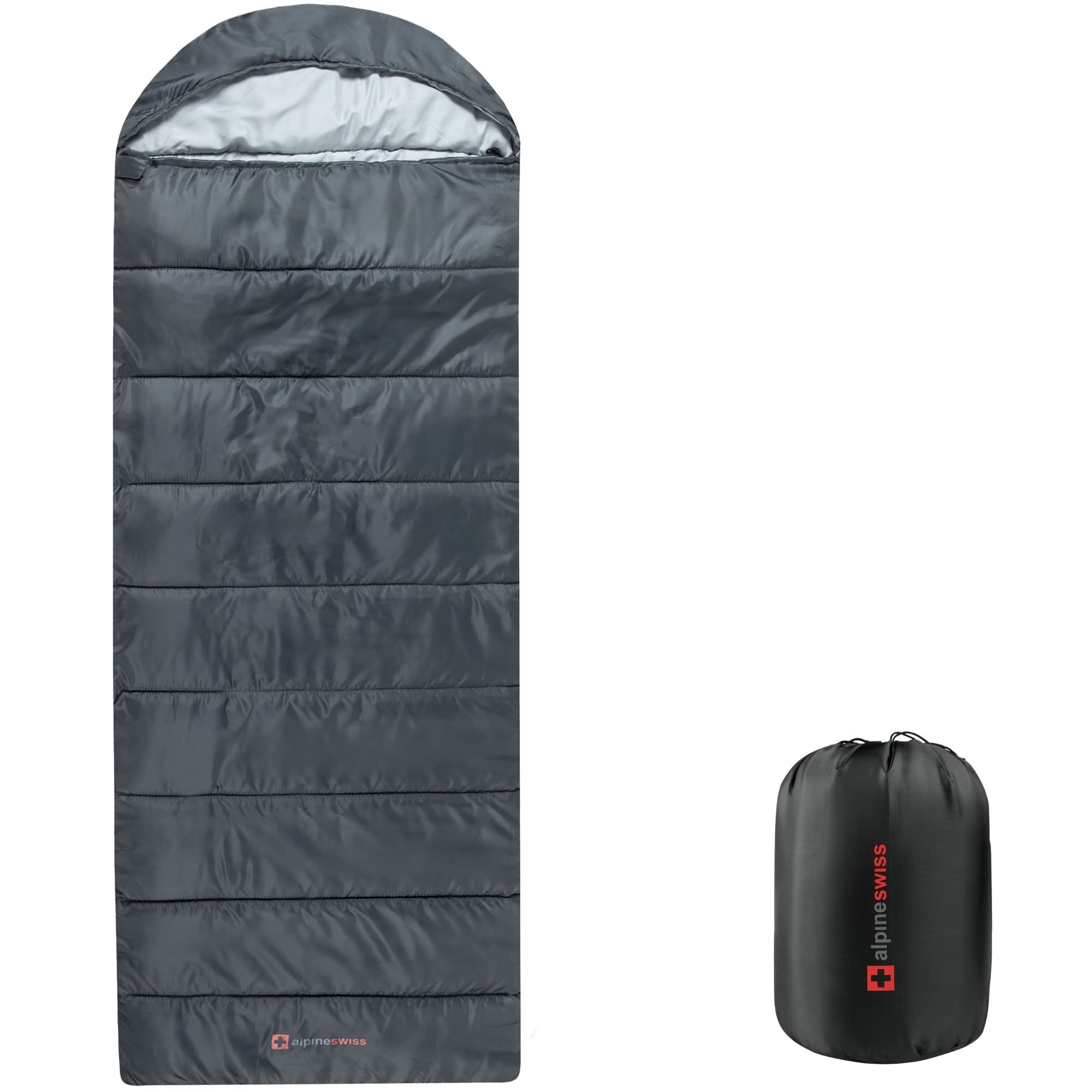 Alpine Swiss sleeping bag hood drawstring seals warmth for all-season camping.