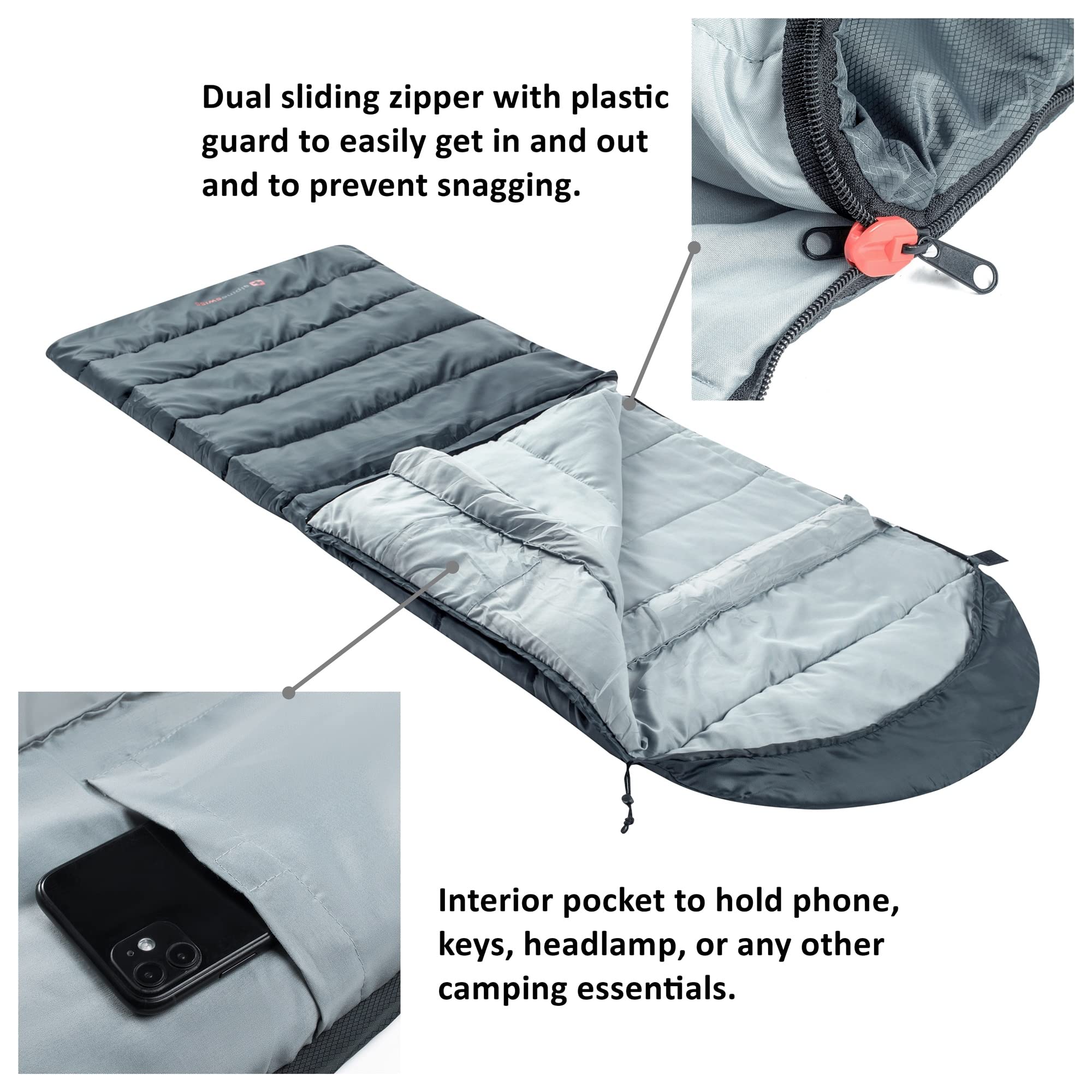 Alpine Swiss sleeping bag interior pocket keeps essentials secure.