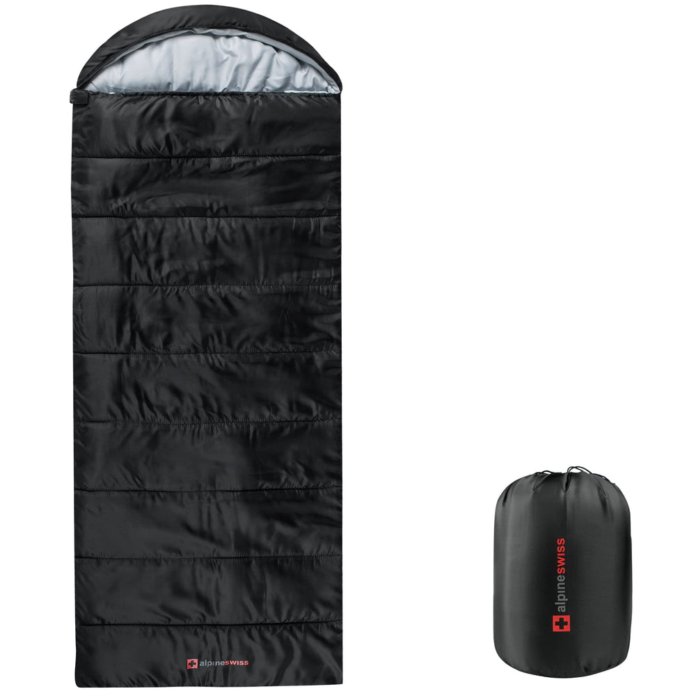 Alpine Swiss sleeping bag in rectangular form offers roomy adult fit for all-season use.