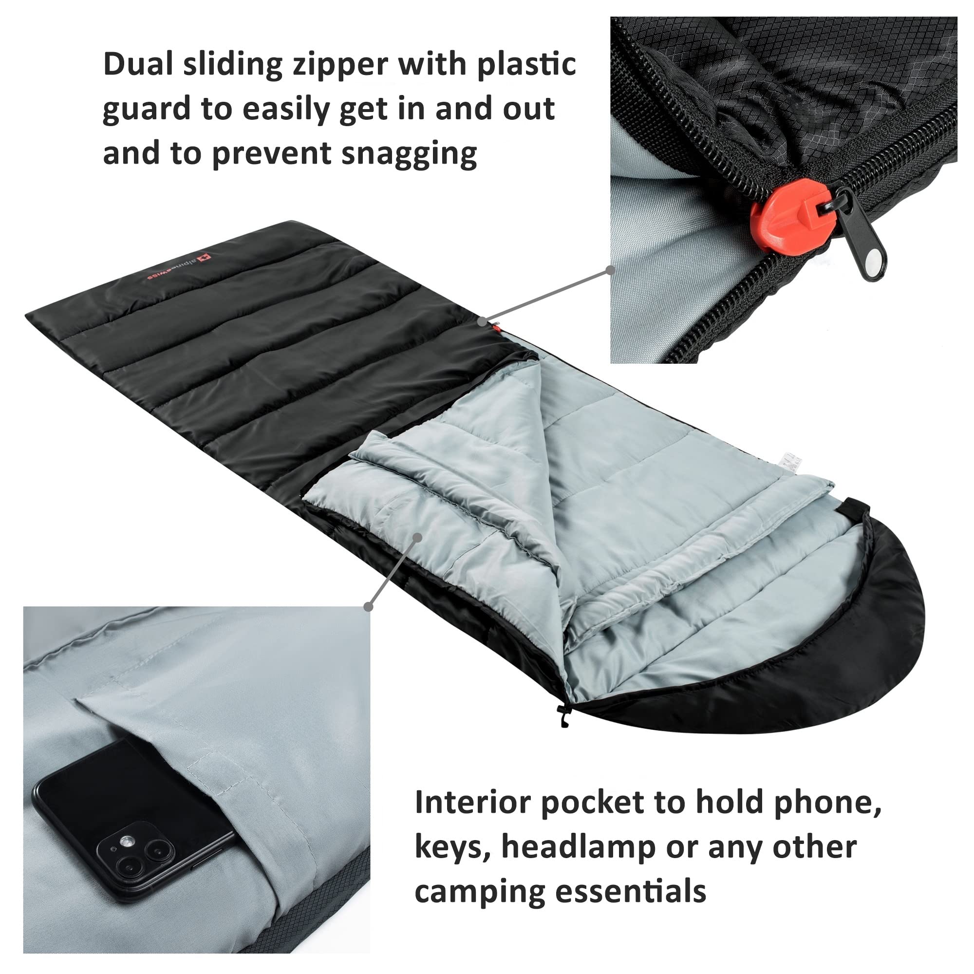 Alpine Swiss sleeping bag with water-resistant shell protects against wind and moisture outdoors.