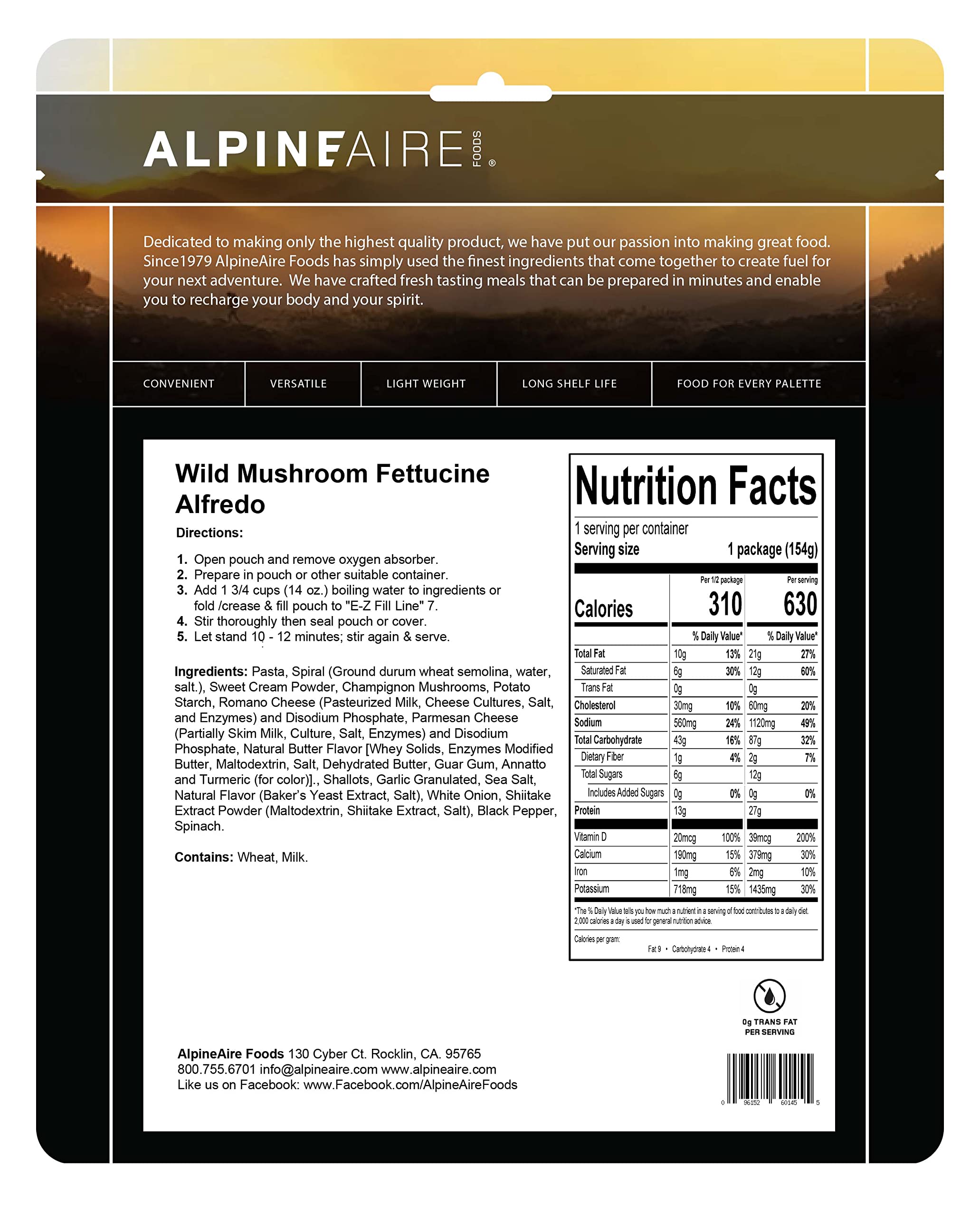 AlpineAire Wild Mushroom Fettuccine Alfredo ingredients close-up, featuring mushrooms and shallots for flavor.
