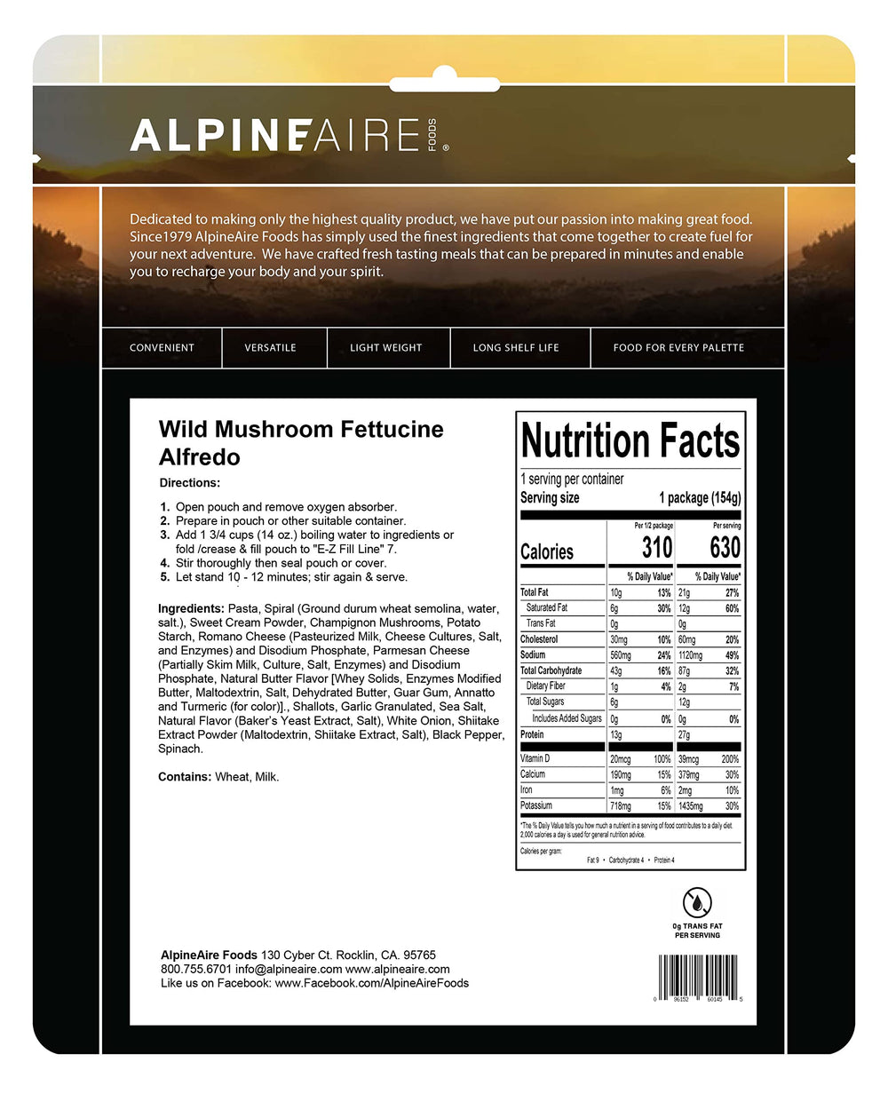 AlpineAire Wild Mushroom Fettuccine Alfredo ingredients close-up, featuring mushrooms and shallots for flavor.
