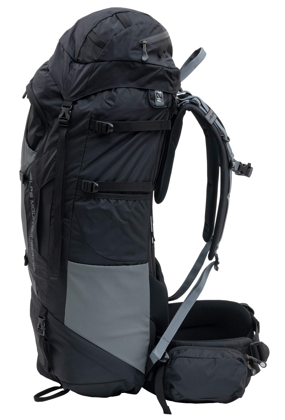 ALPS Mountaineering Caldera 90L front-access zipper enables quick gear retrieval.
