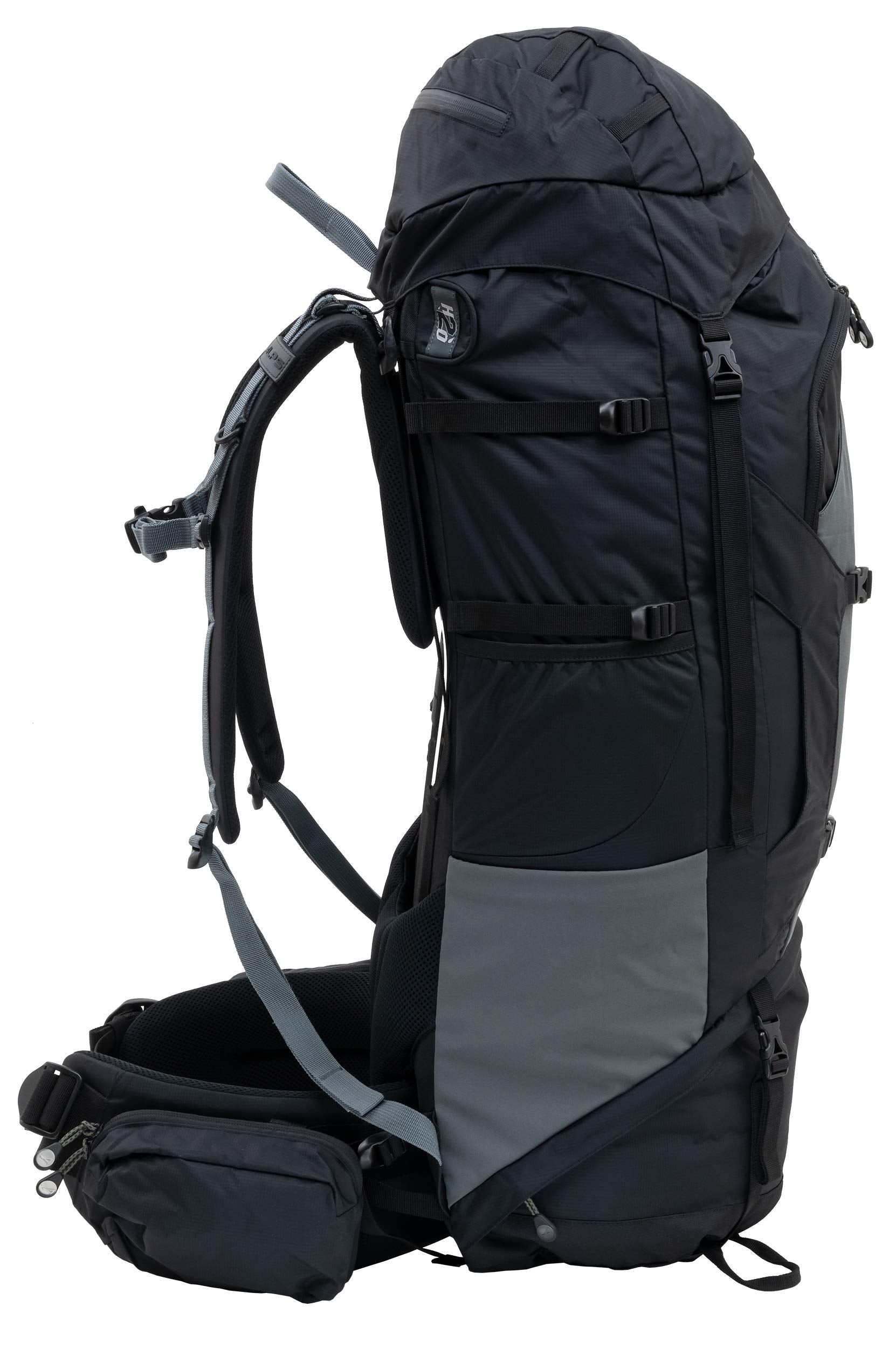 ALPS Mountaineering Caldera 90L side pockets demonstrate easy water bottle storage.