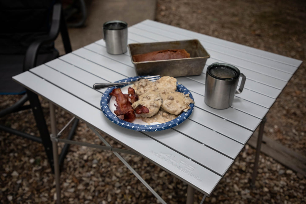 ALPS Mountaineering Camp Table roll-top setup showcases quick deployment for hassle-free outings.