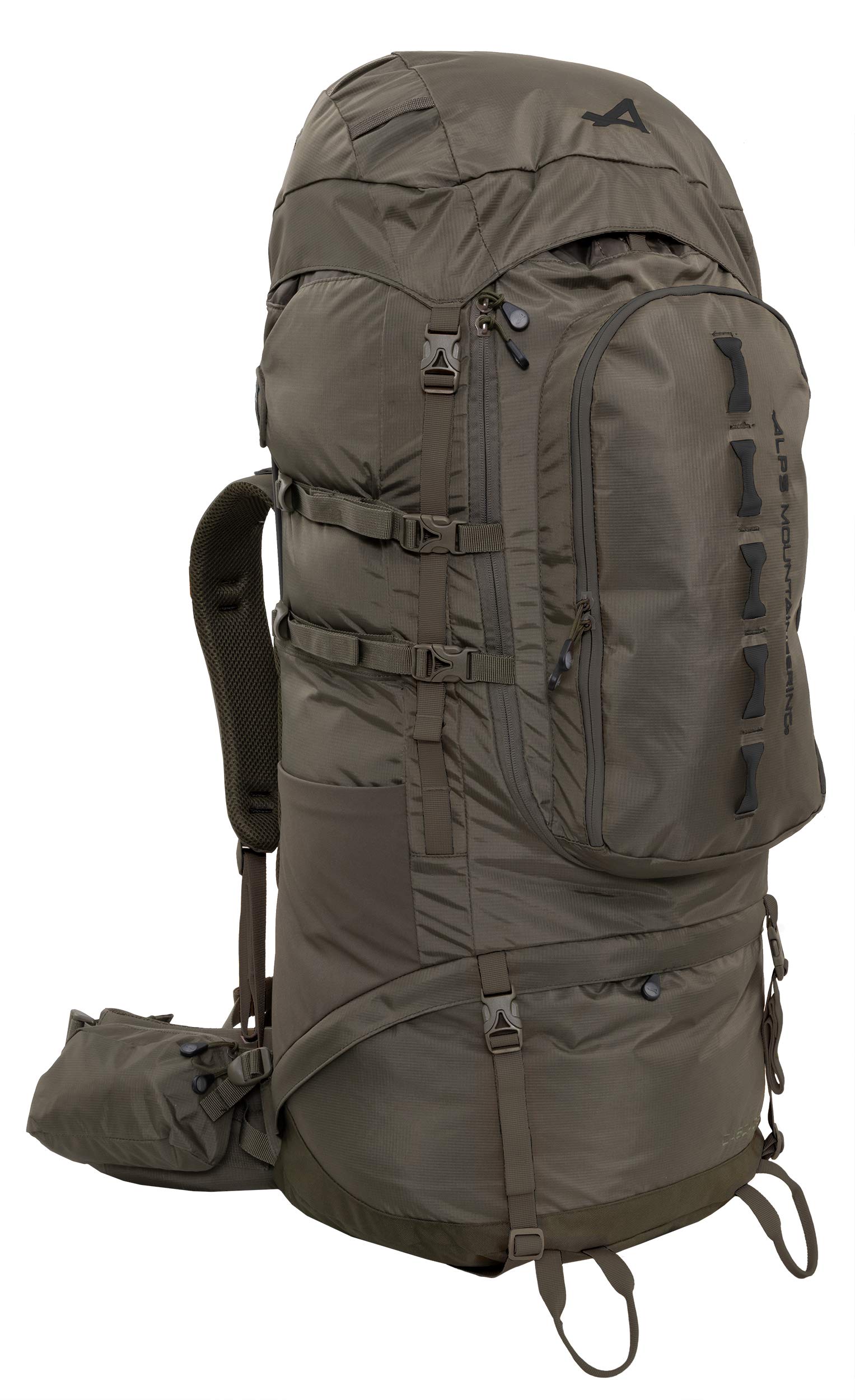 ALPS Mountaineering Cascade 90L pack side profile showing balanced weight distribution.