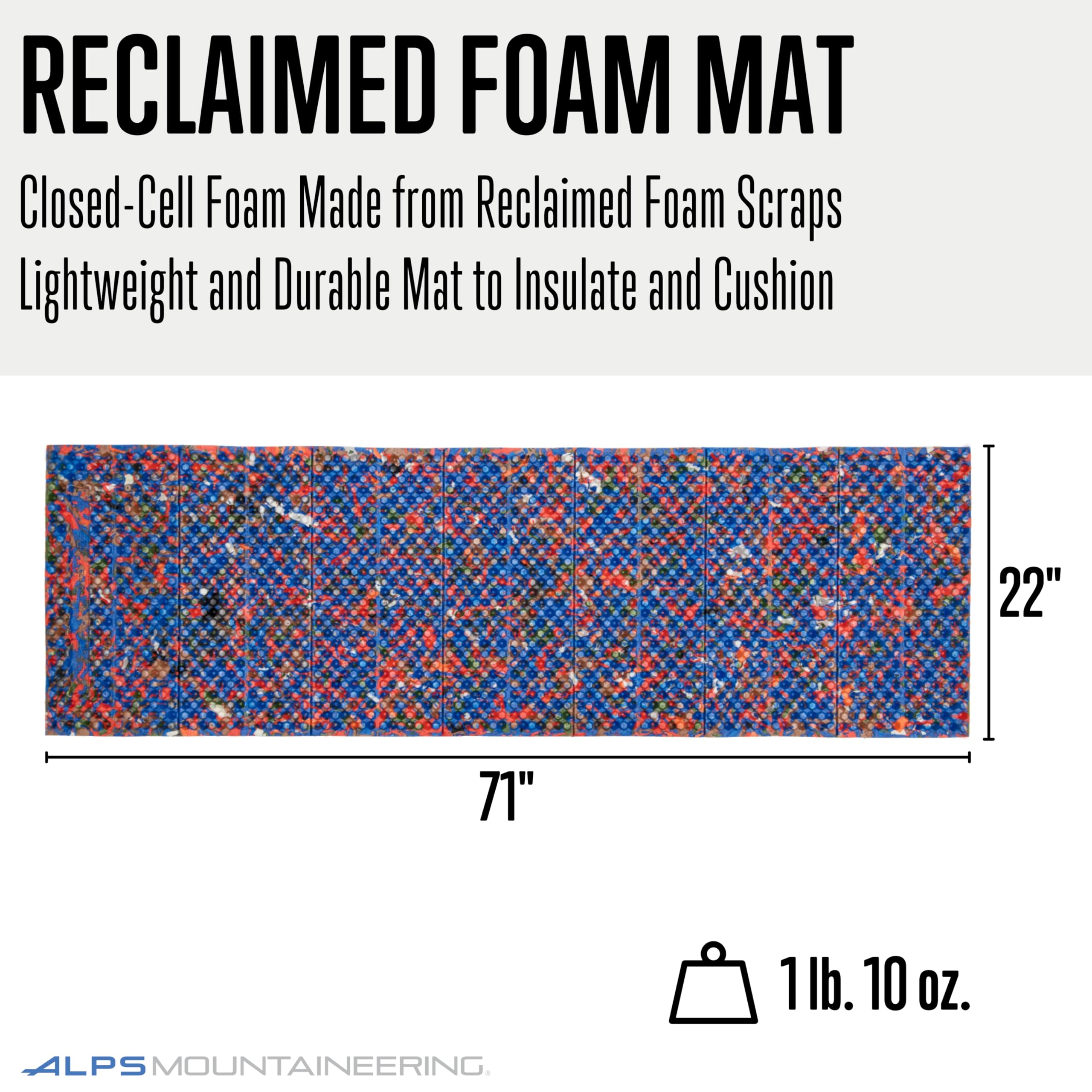 ALPS Mountaineering Reclaimed Foldable Foam Mat Confetti packed size indicating ultra-light travel.