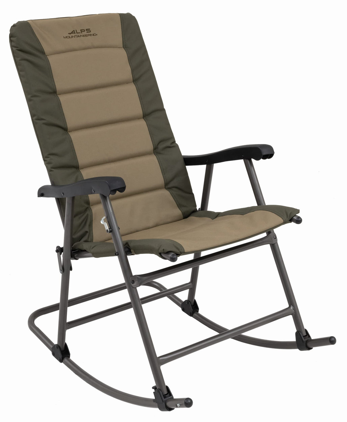 ALPS Mountaineering rocking chair in clay/khaki with cushioned seat for outdoor comfort.