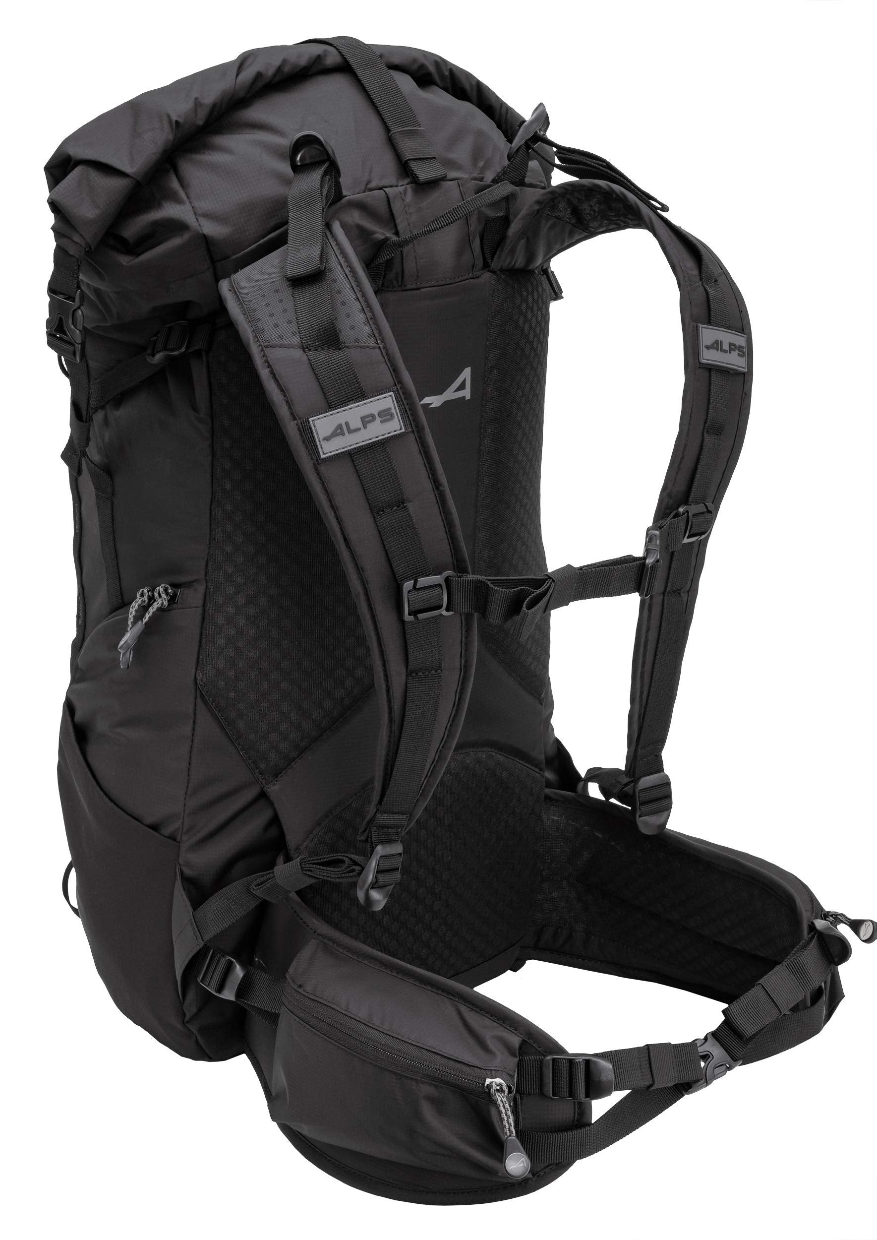 ALPS Mountaineering Tour 40L pack front view with roll-top closure expanded