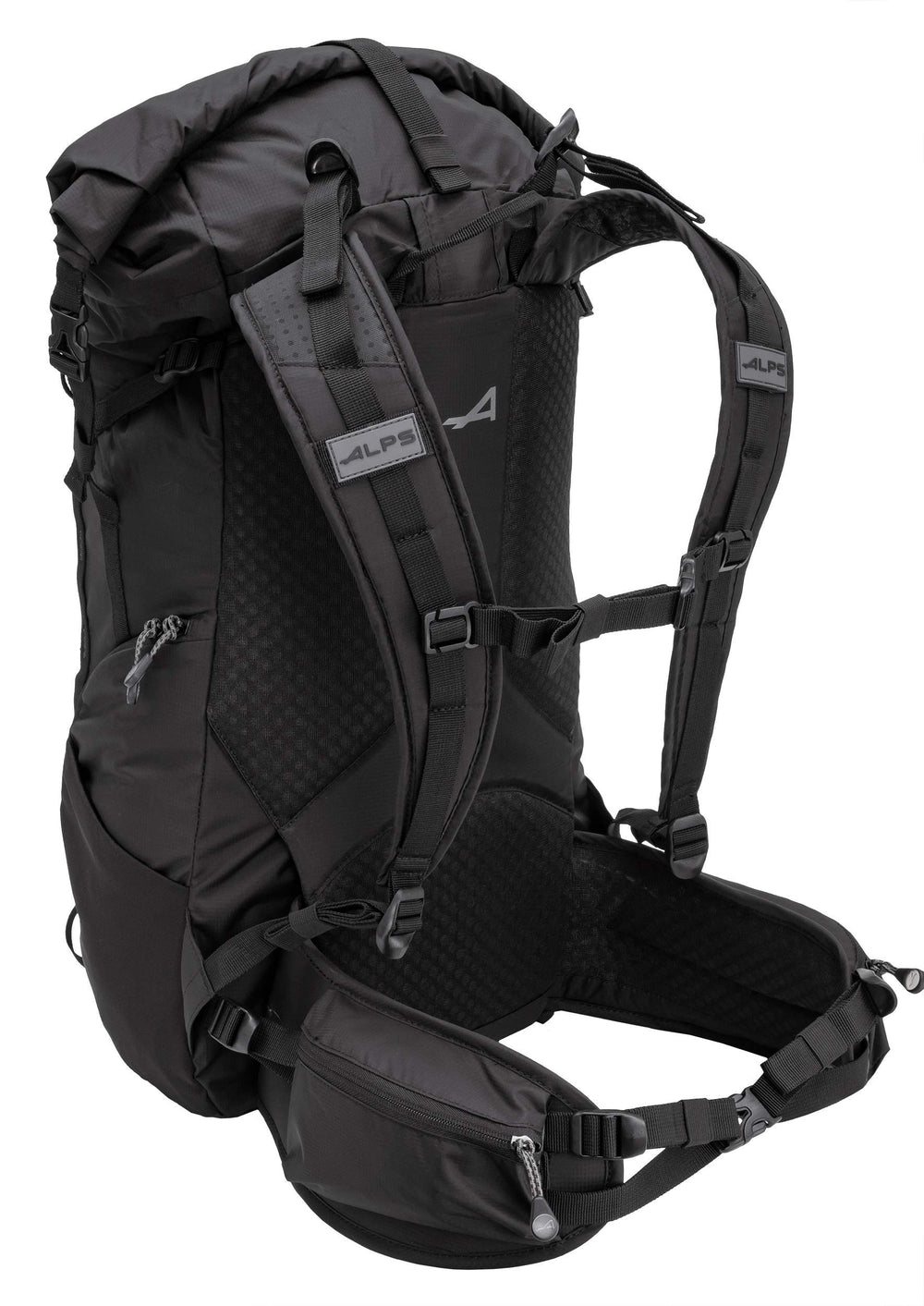 ALPS Mountaineering Tour 40L pack front view with roll-top closure expanded