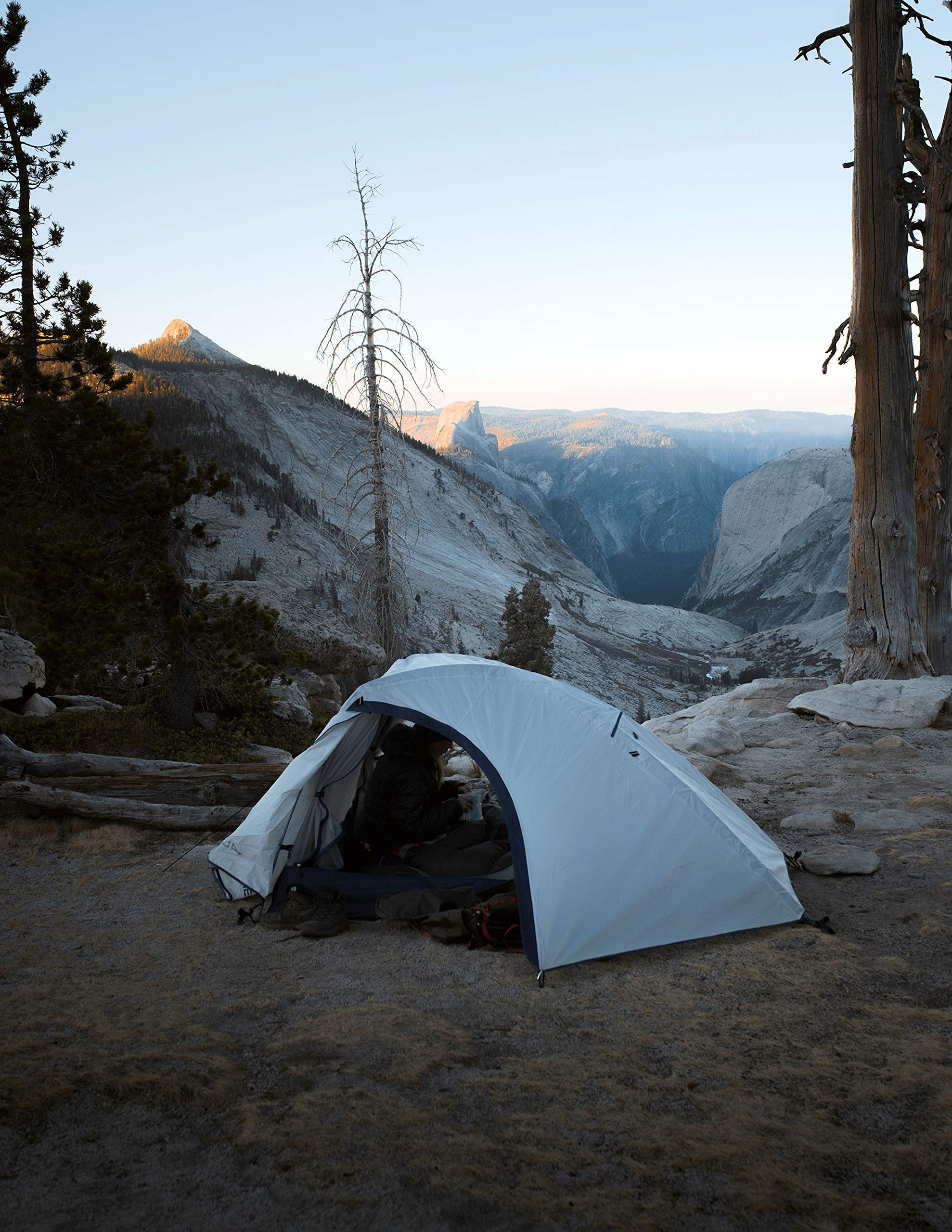 Zephyr 3P tent stakes and guy lines stabilize the shelter on windy nights.