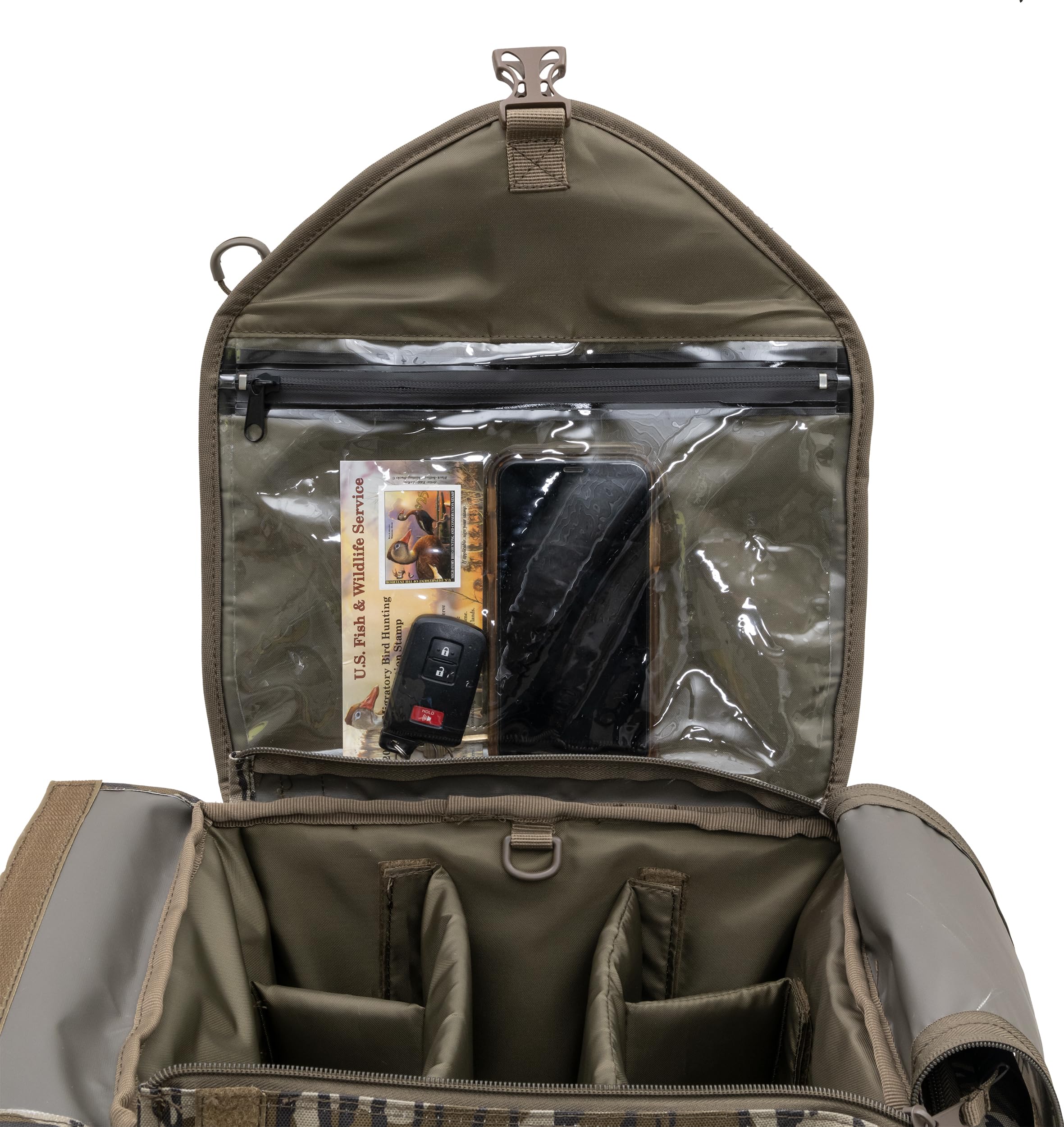 Mossy Oak Original Bottomland camo on ALPS OutdoorZ Ducks Unlimited bag blends with surroundings.