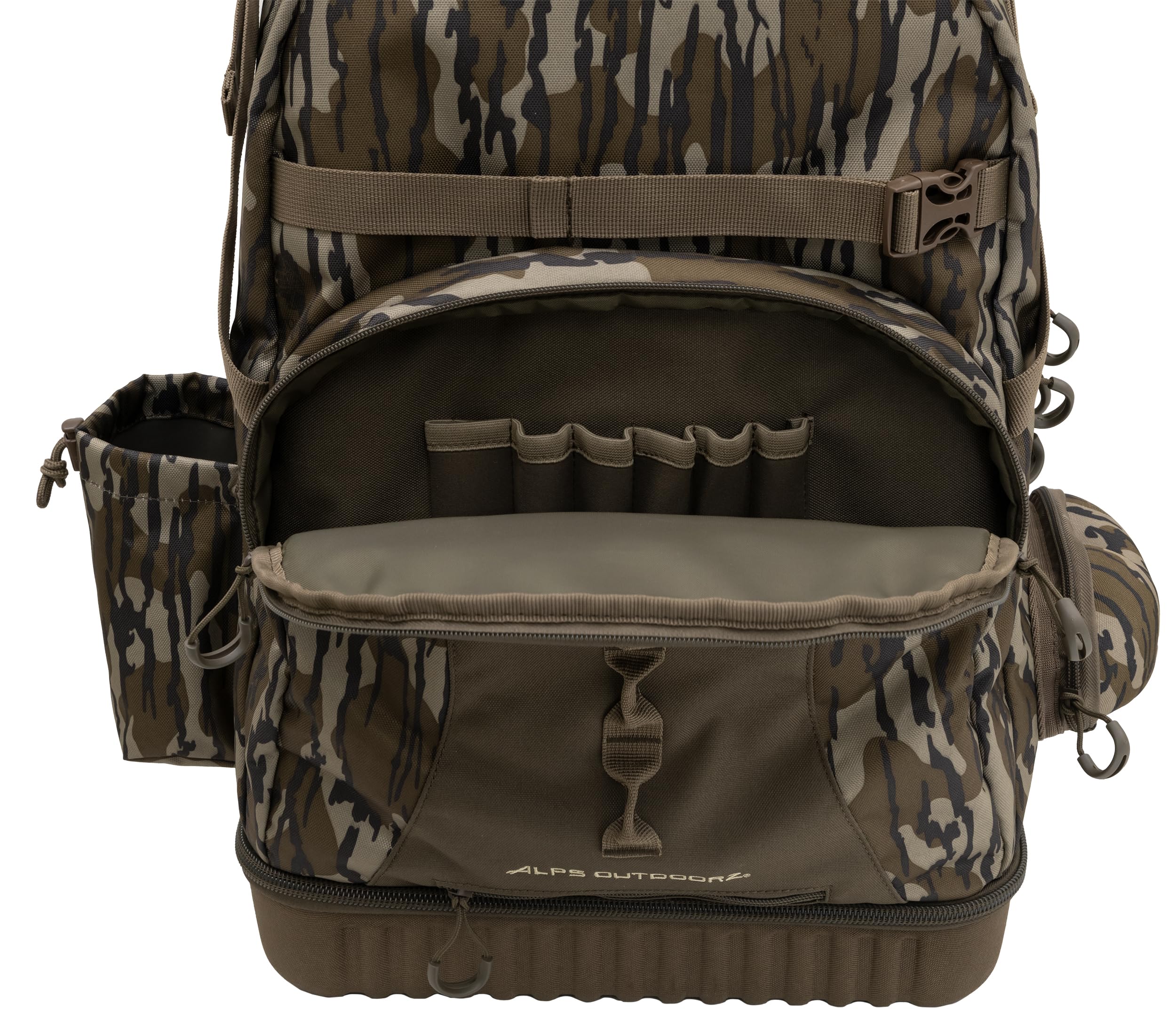 Padded shoulder straps with stow-away game totes for comfortable field carrying.
