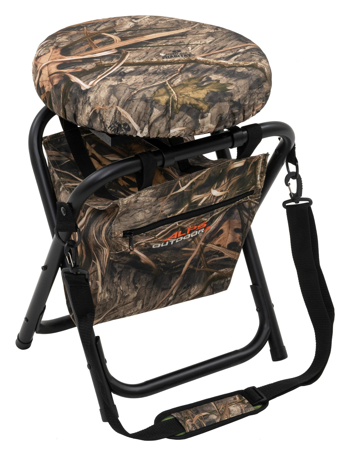 ALPS OutdoorZ Horizon swivel-stool shown in Mossy Oak Shadow Grass Habitat with 360-degree rotation for field viewing