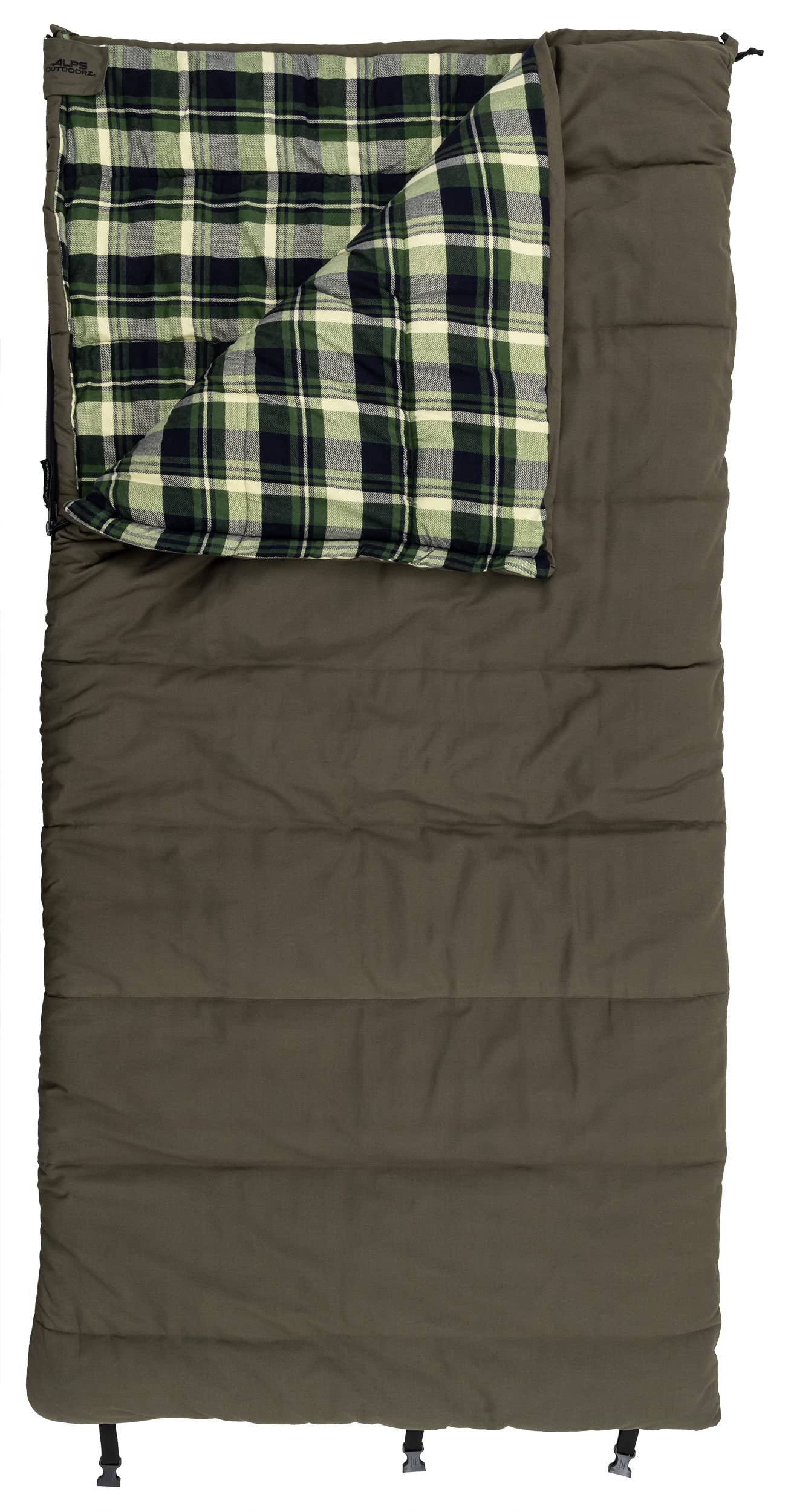 ALPS OutdoorZ Redwood sleeping bag rolled and strapped for compact transport.