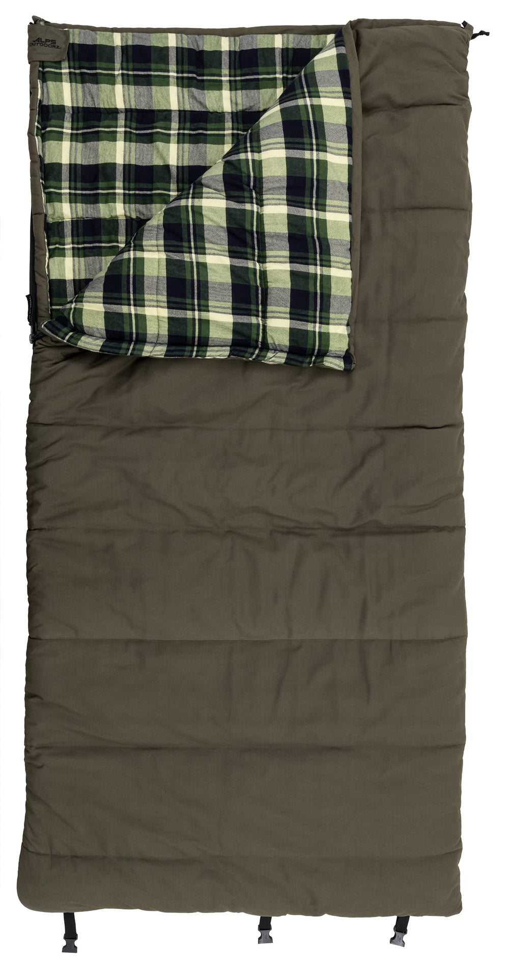 ALPS OutdoorZ Redwood sleeping bag rolled and strapped for compact transport.