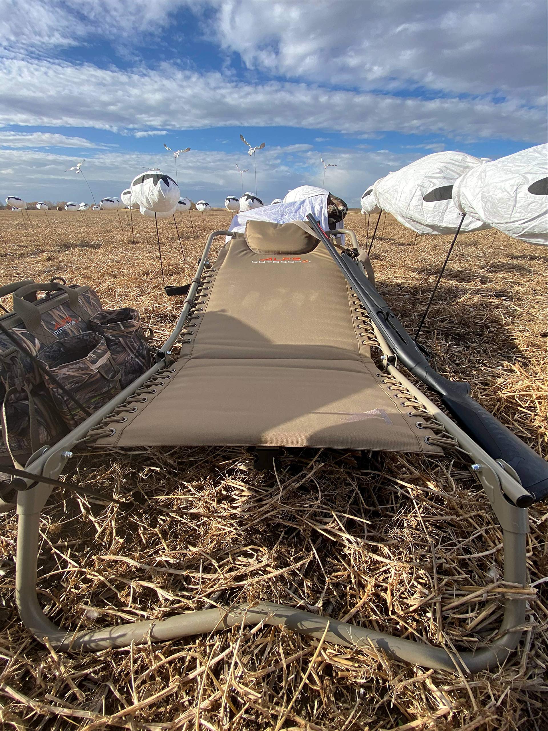 ALPS OutdoorZ Snow Goose Chair demonstrates zero-gravity design reducing pressure during long hunts.