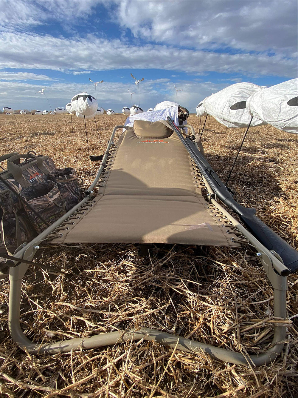 ALPS OutdoorZ Snow Goose Chair demonstrates zero-gravity design reducing pressure during long hunts.