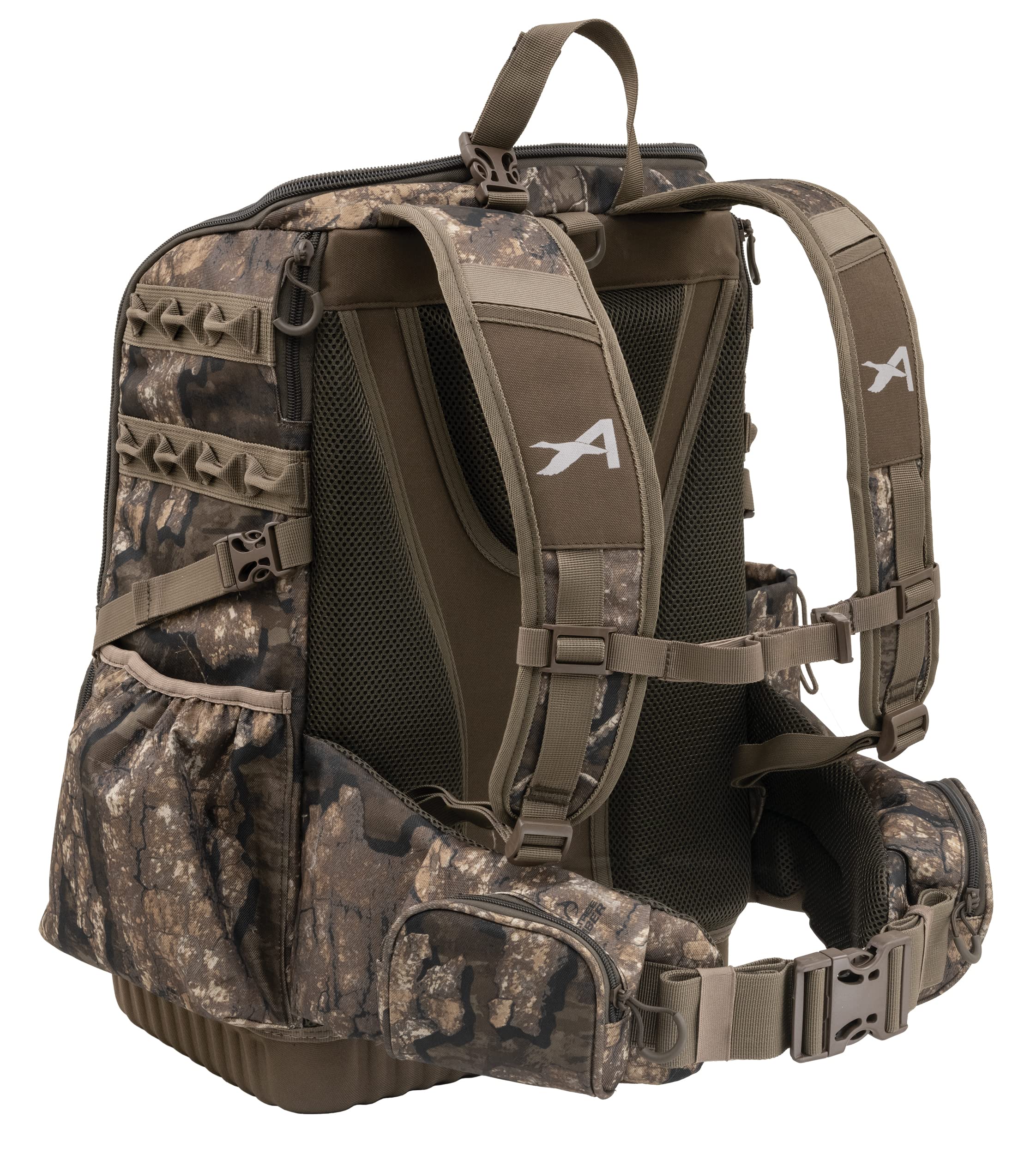 Interior shelf and pockets organize decoys, calls, and essentials during a hunt.