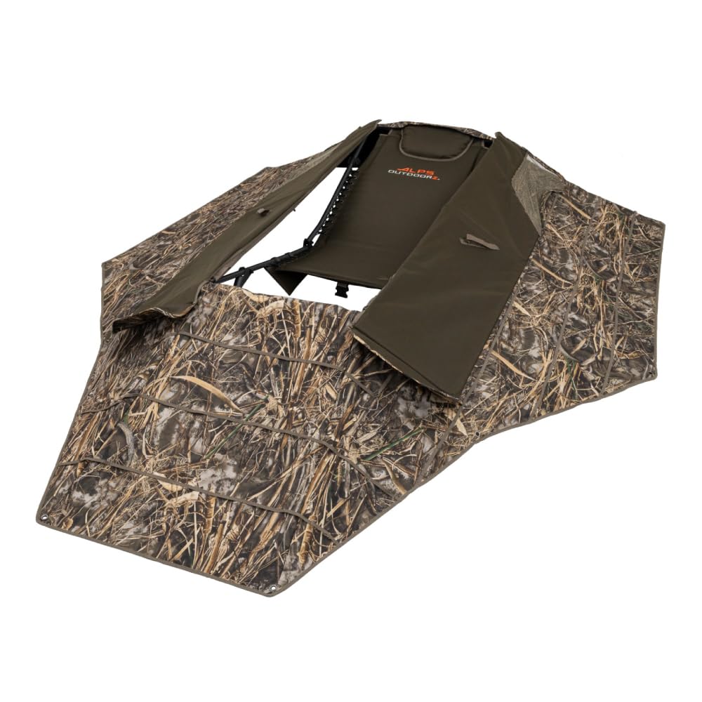 ALPS OutdoorZ Zero-Gravity Layout Blind front view with Realtree MAX-7 camouflage for stealthy waterfowl hunts.