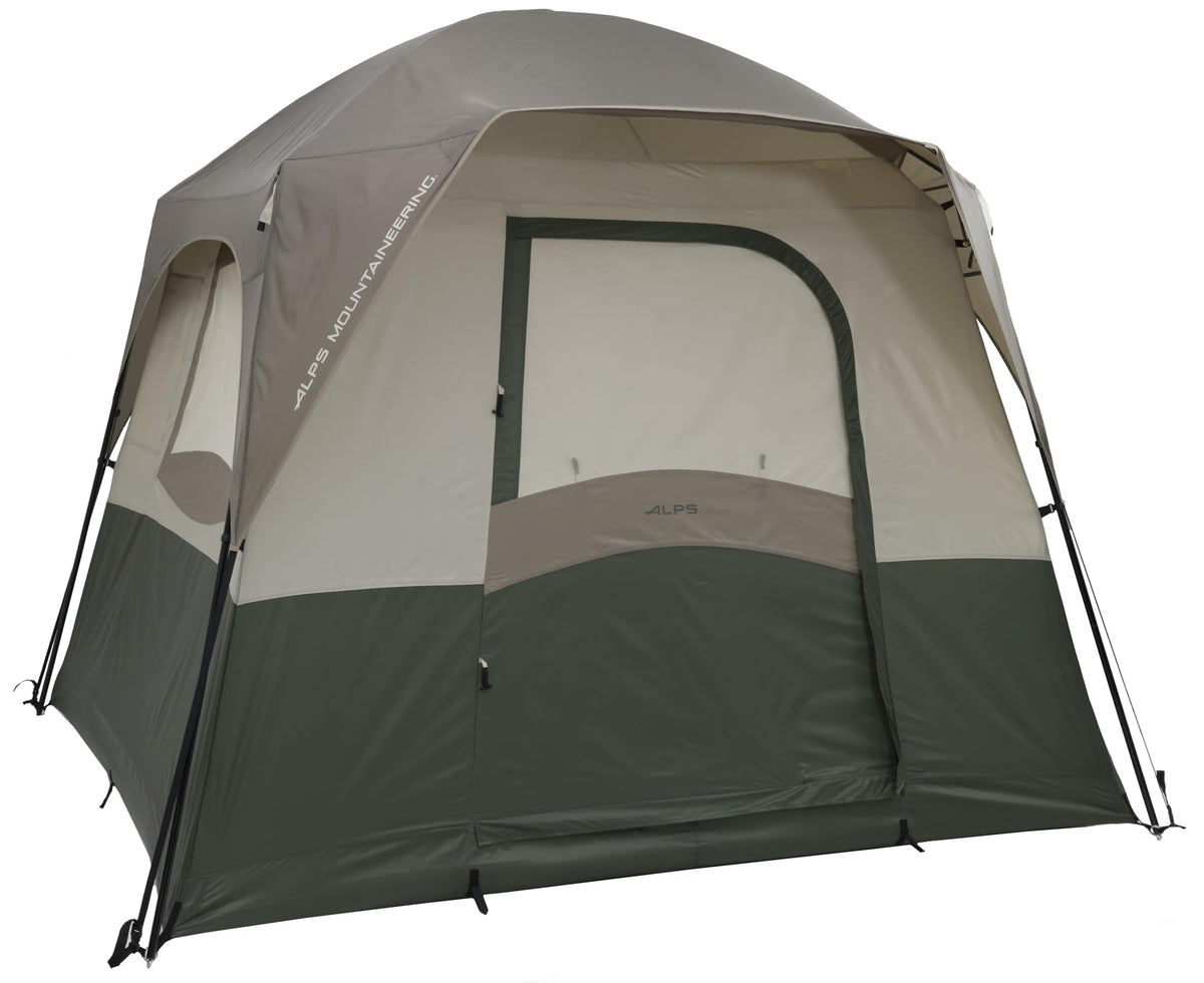 ALPS Mountaineering Wildwood 4P tent front door, easy entry and rain protection.