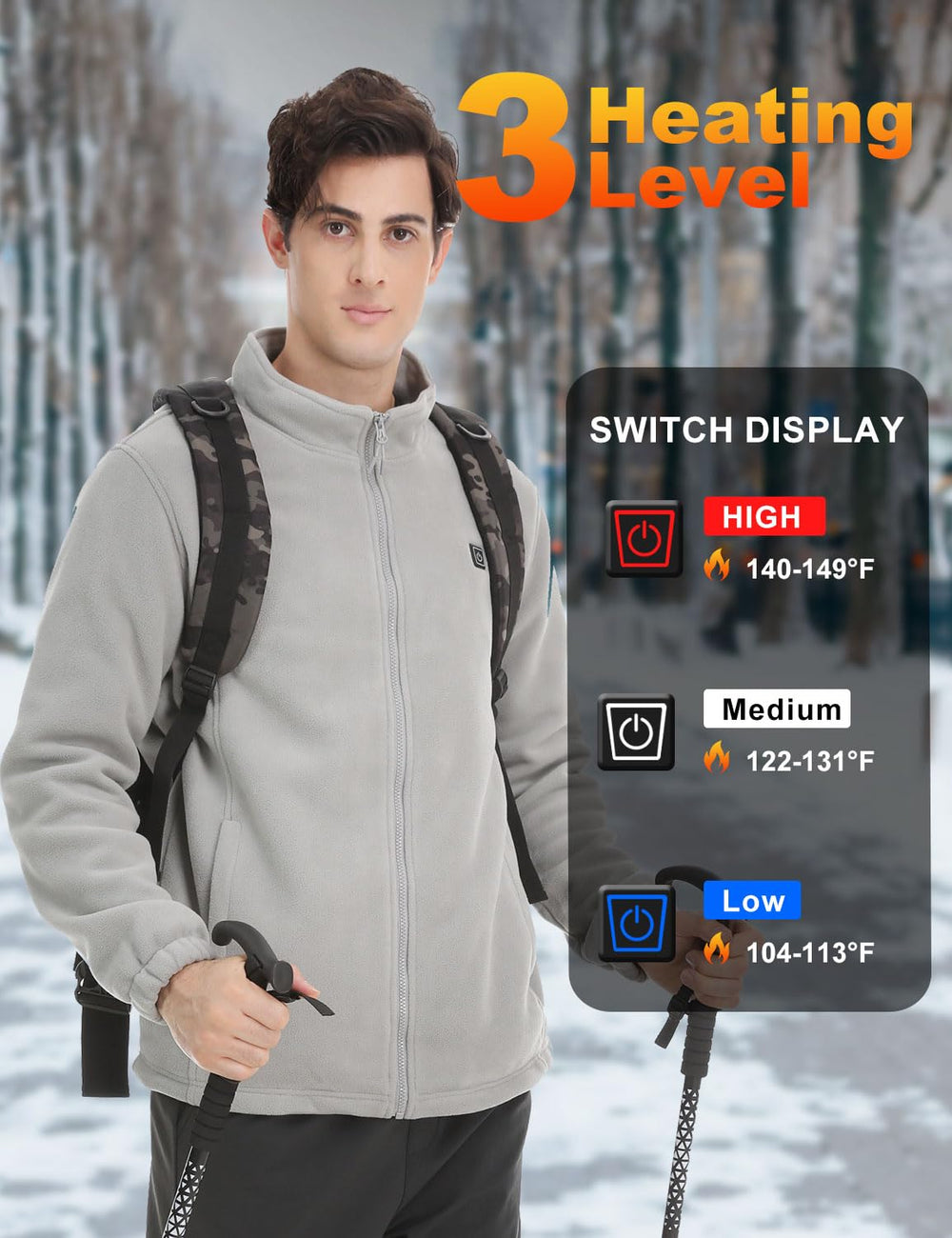 ALSOMTEC heated jacket control panel with three heat levels for customized warmth.