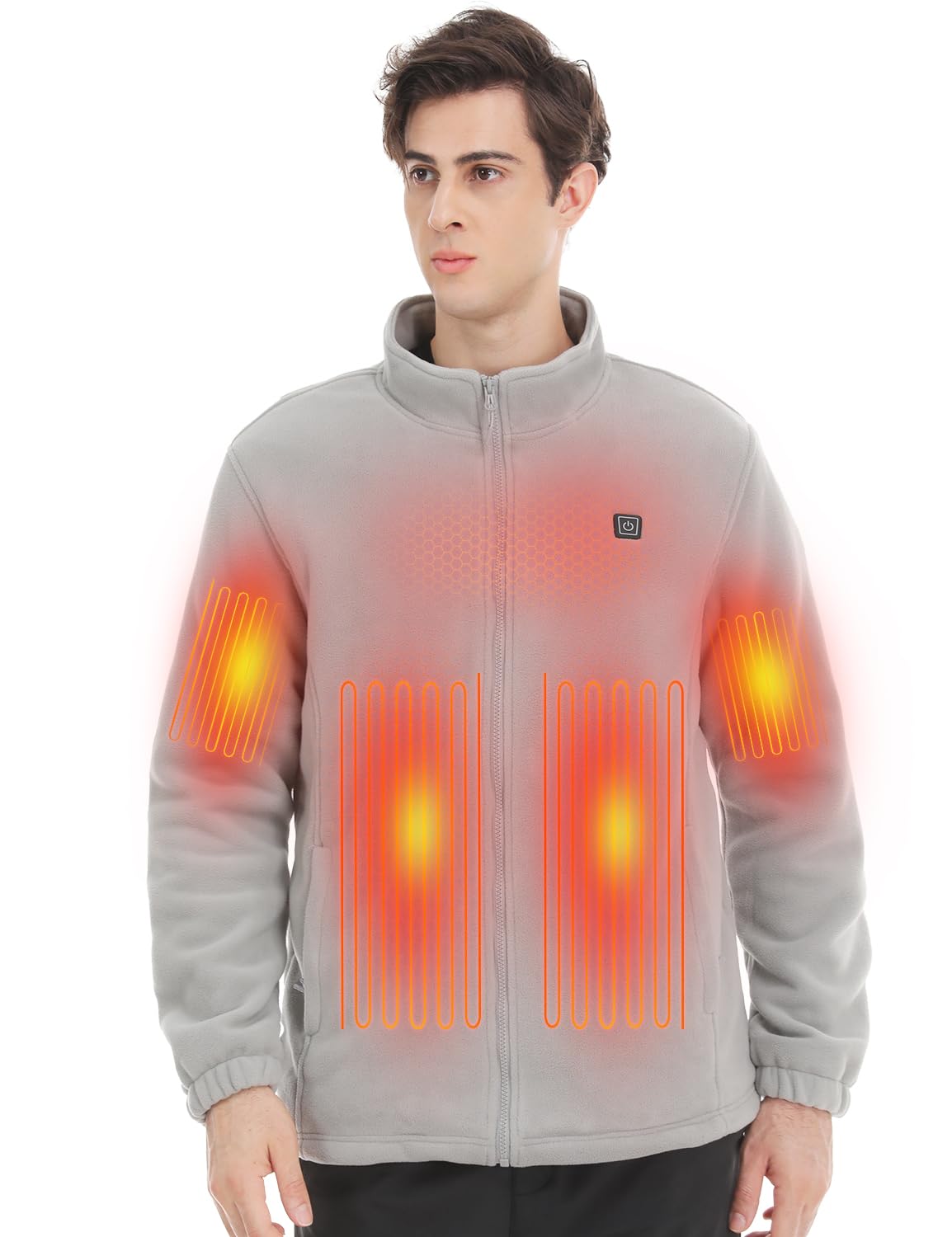 ALSOMTEC heated jacket front view showing a zip closure and soft polar fleece warmth.