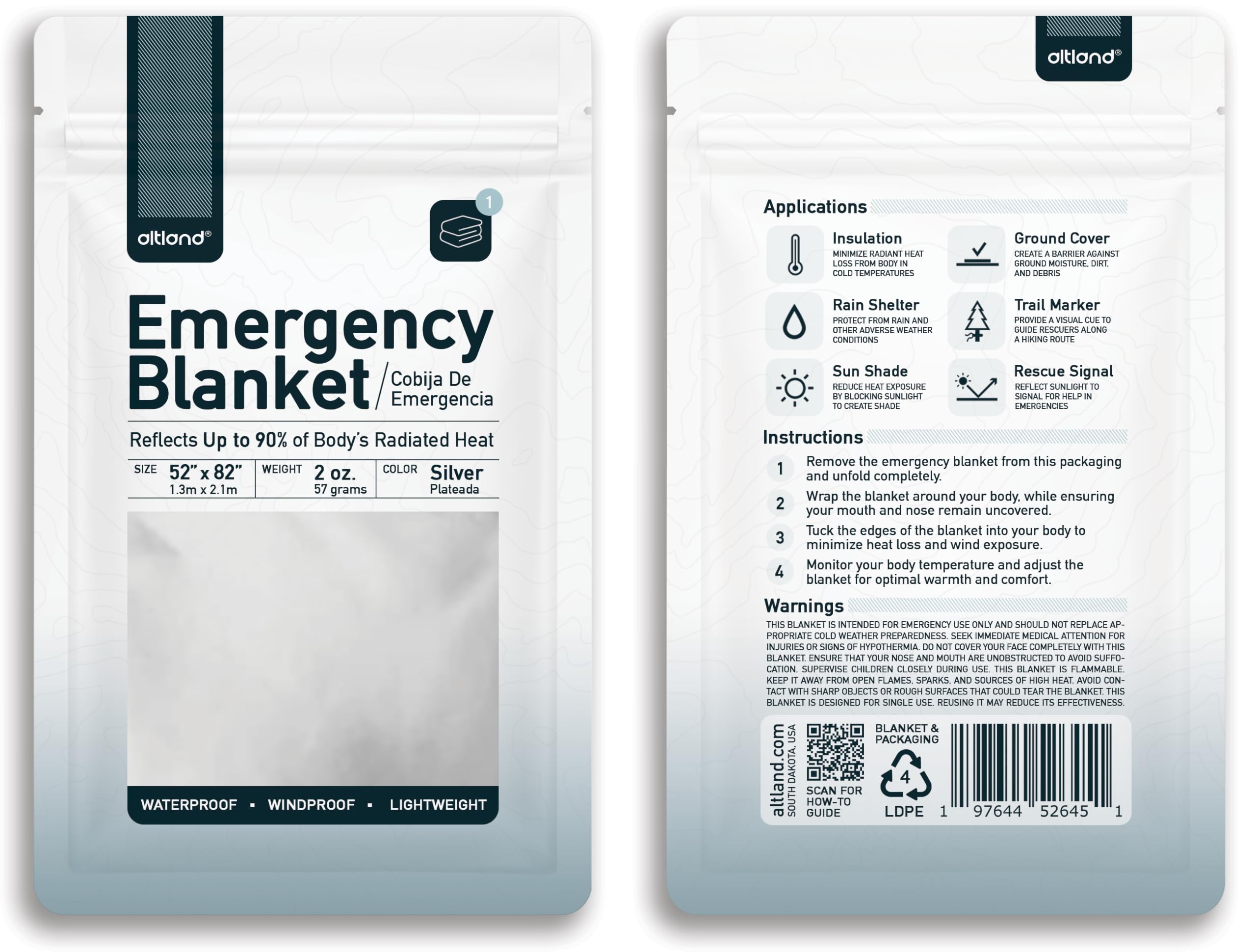 Altland emergency blankets 52x82 inches provide generous coverage in harsh weather.