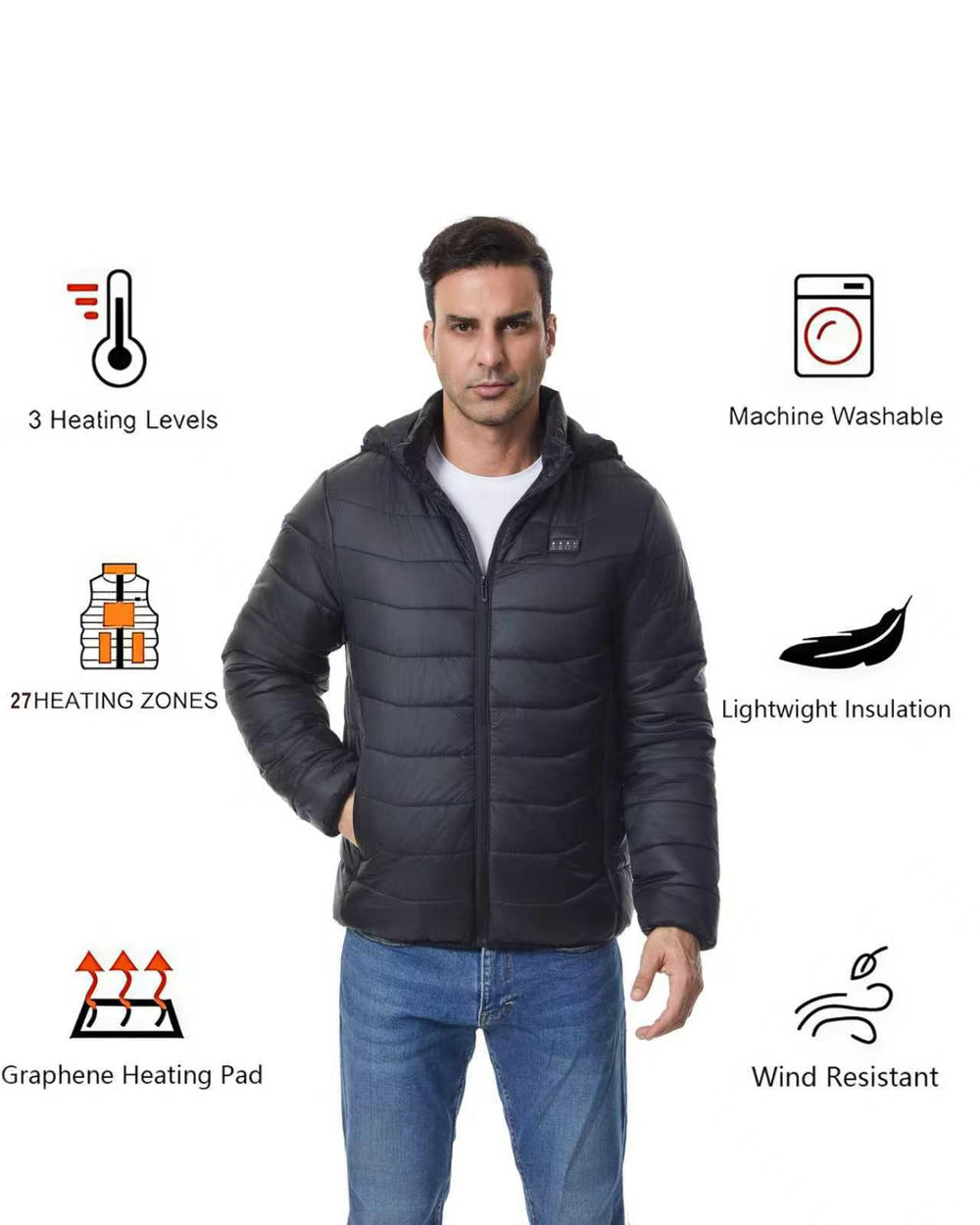 ALTWEIWEN heated jacket back view highlights 27 heating panels for full-body warmth