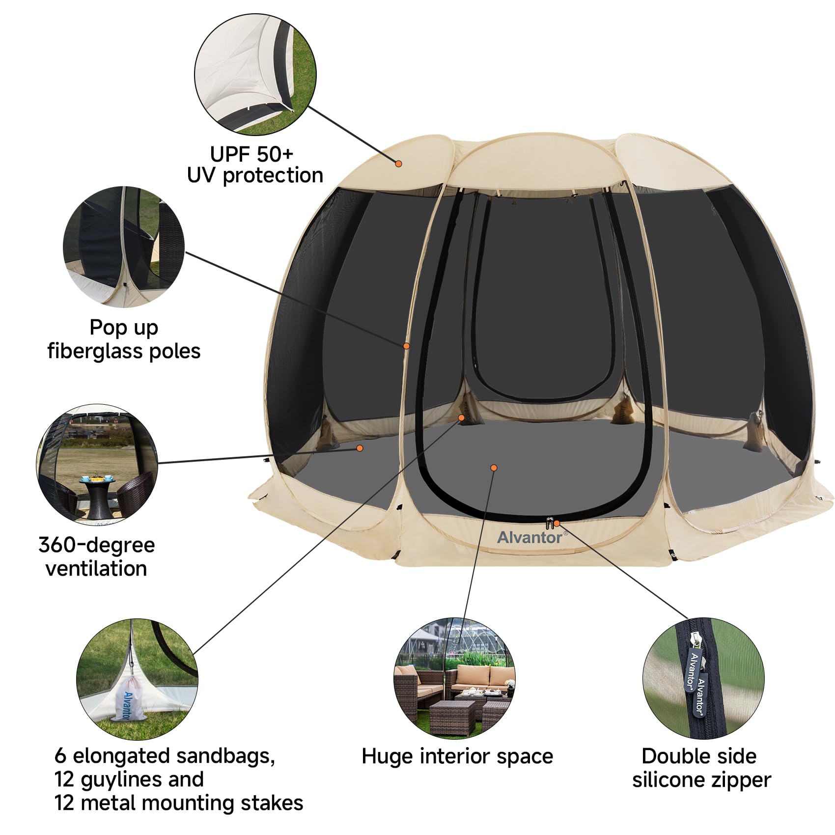 Alvantor 8-mesh walls capture 360-degree ventilation for comfortable outdoor time.