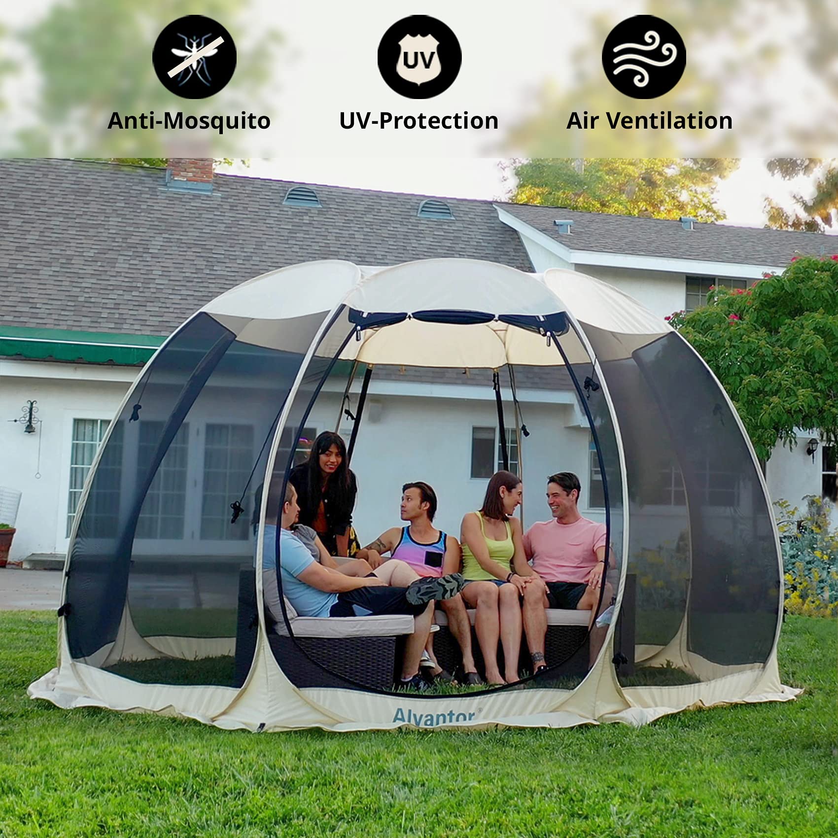 Alvantor includes guylines, sandbags, and stakes for windy-condition stability.