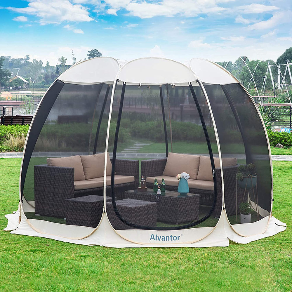 Alvantor screen house hexagon setup showing quick pop-up shade for 4-6 adults.