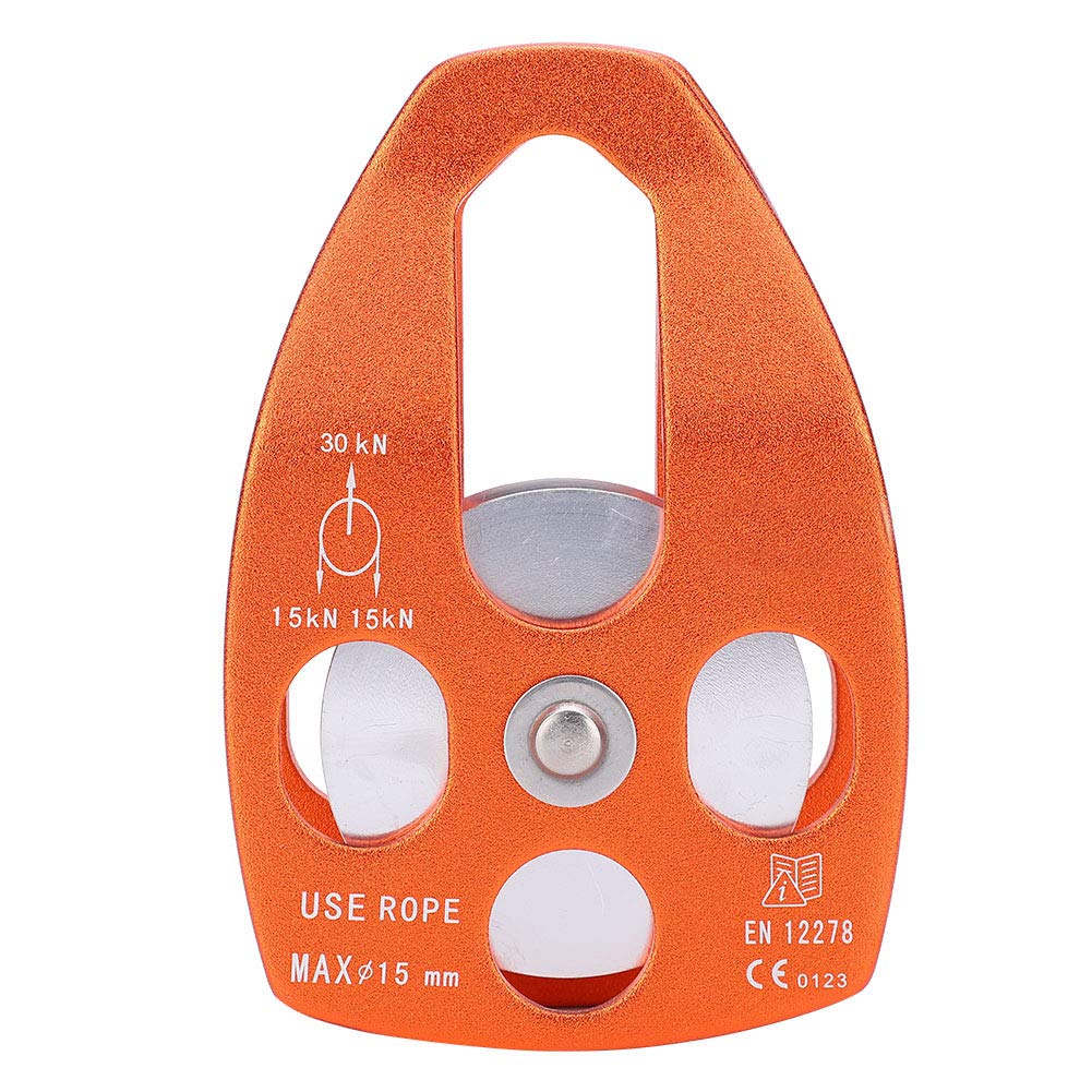 Alvinlite climbing pulley with orange side plate for smooth rope handling.