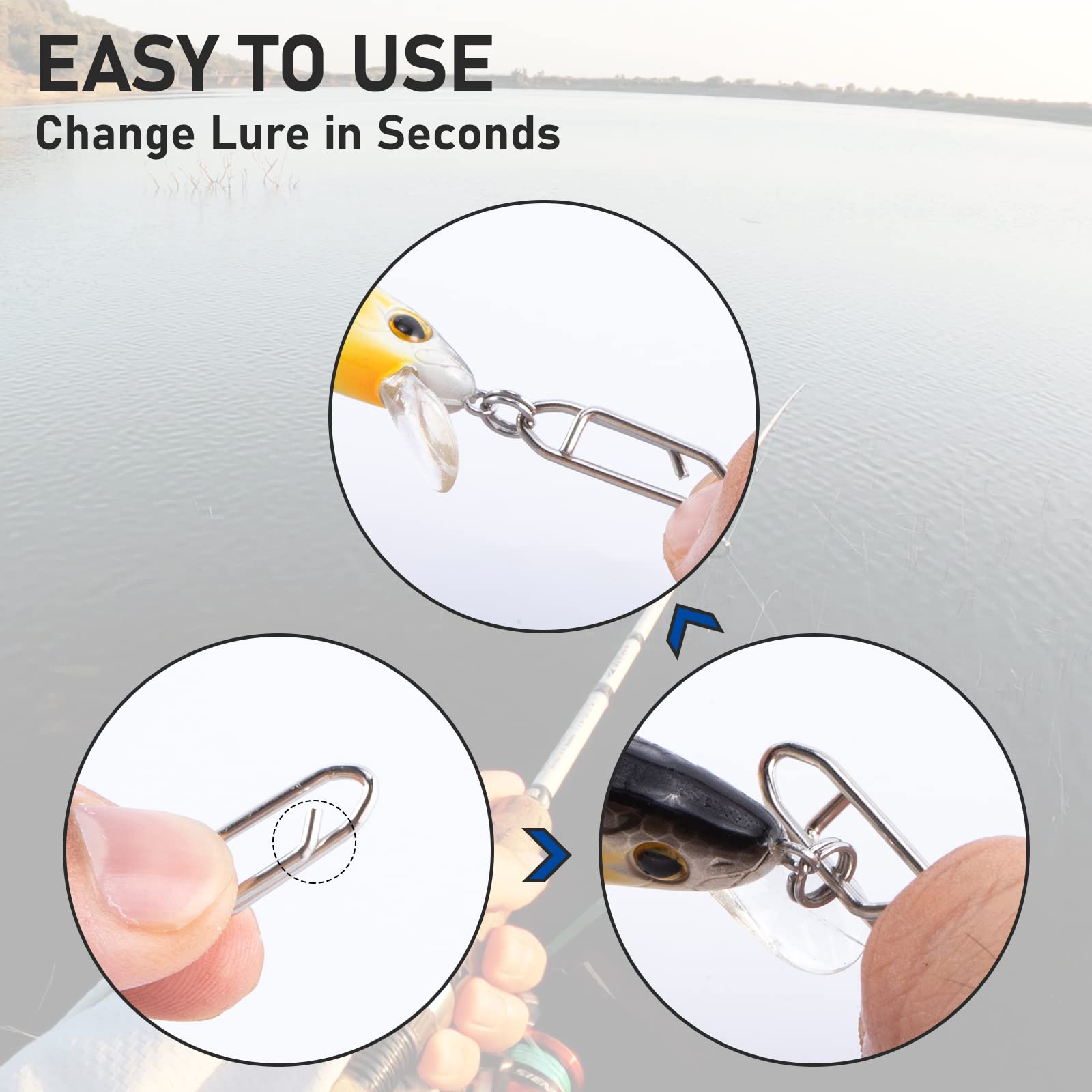 Clip snapping onto fishing lure for quick change