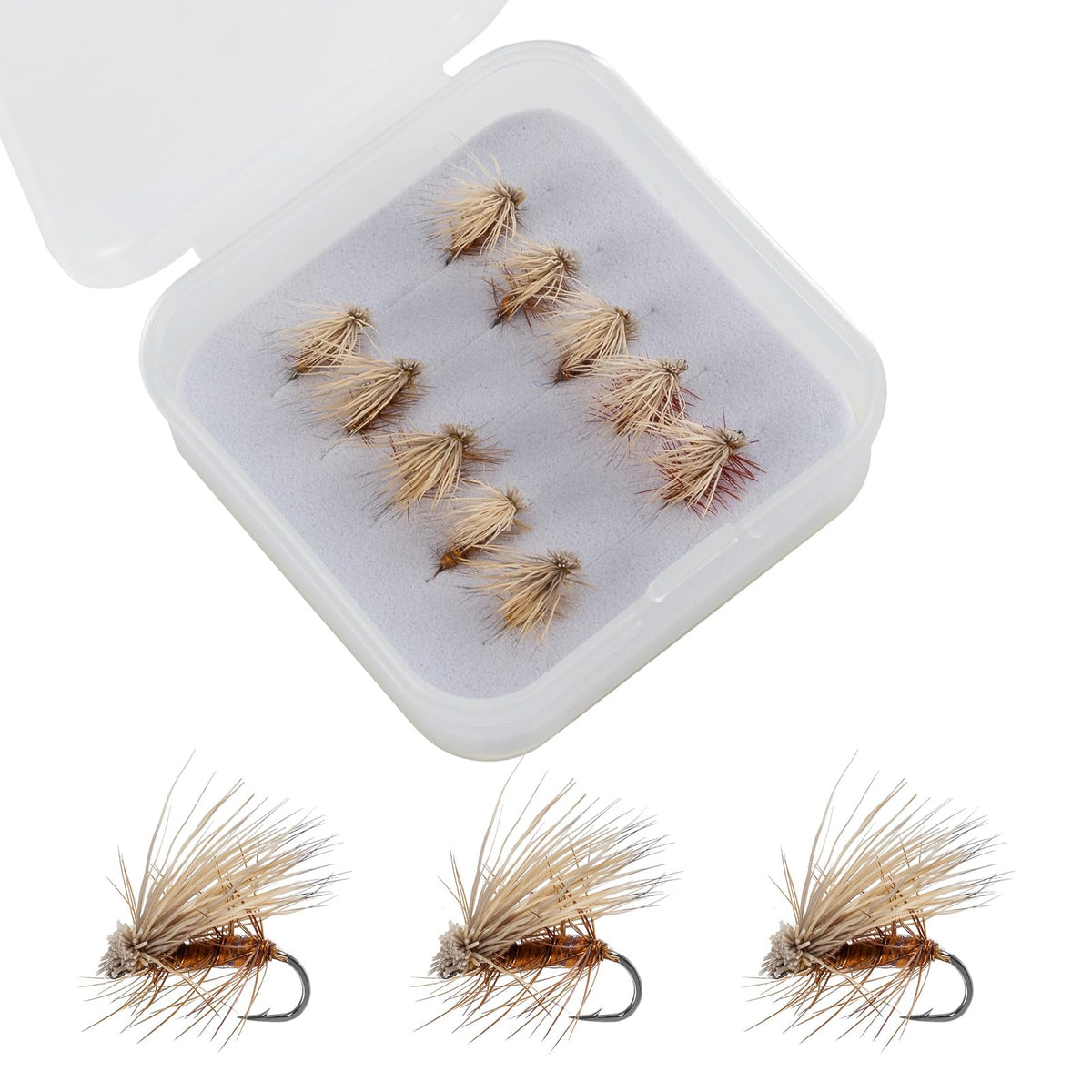 Storage box with 10 size 16 elk hair caddisflies included in the kit