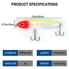 Bright color topwater lure showing treble hooks