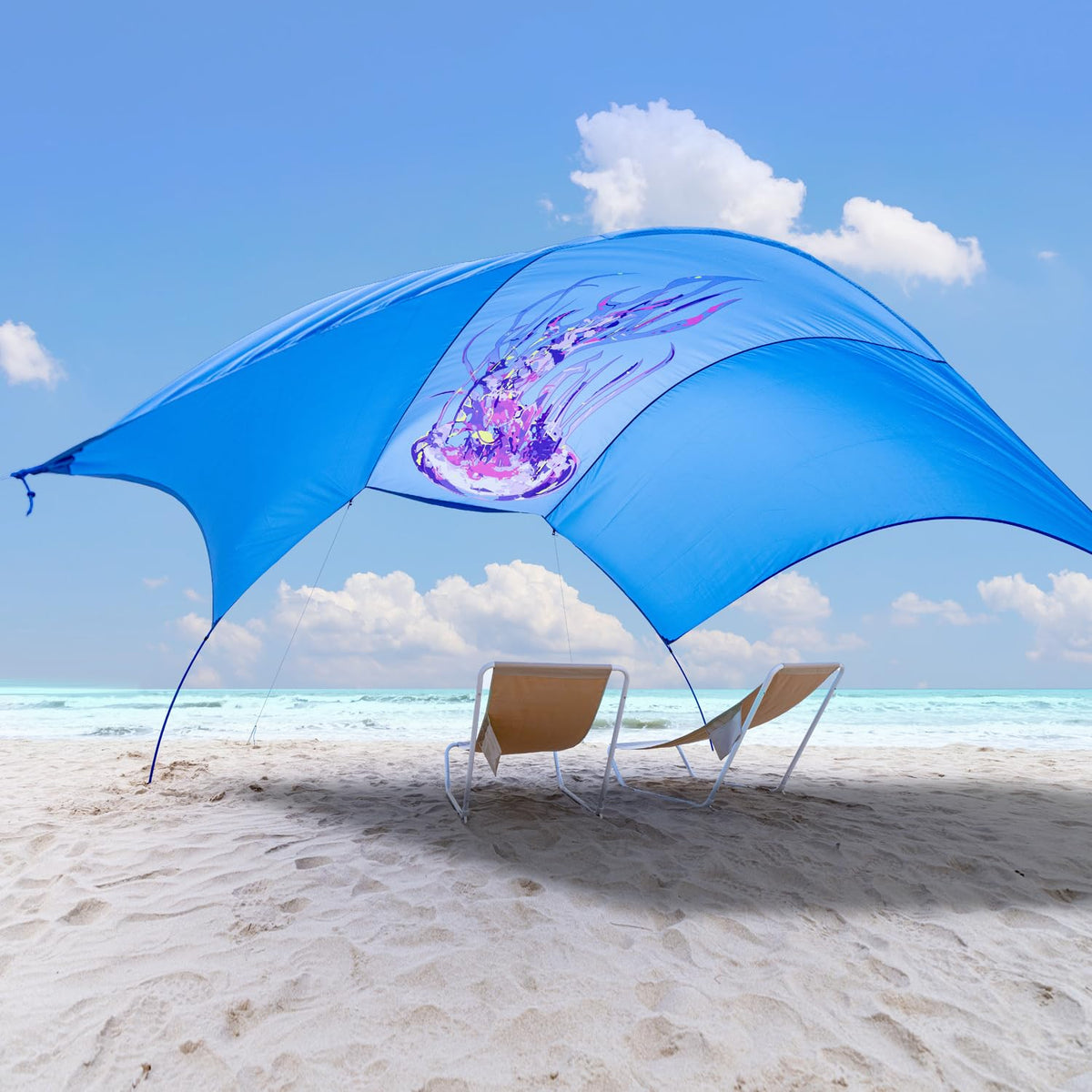 ALYCASO Beach Wind Shade Canopy on the beach providing cooling shade for family.