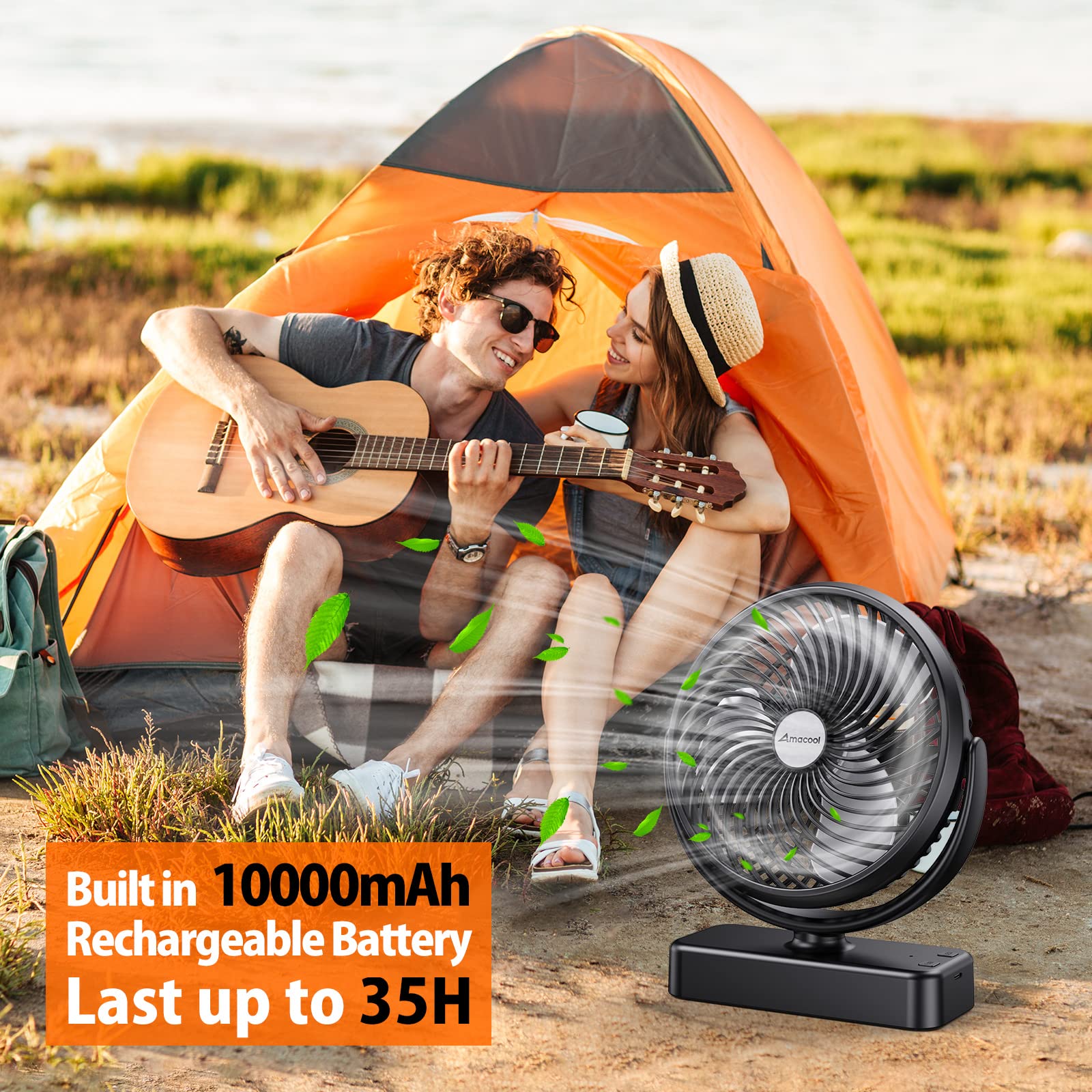 AMACOOL camping fan side view shows compact quiet design ideal for travel