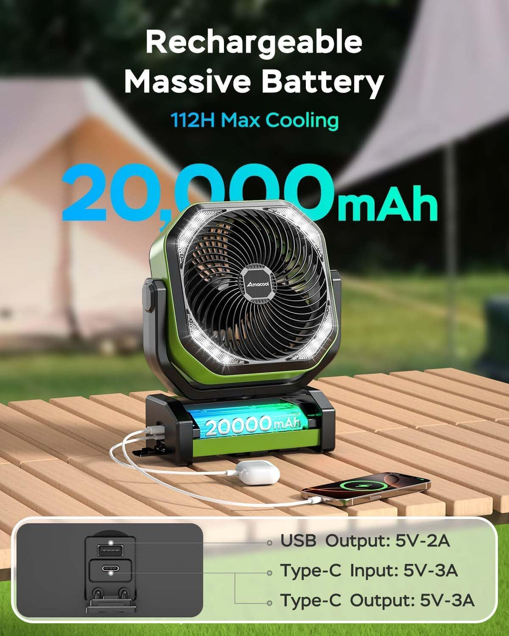 AMACOOL camping fan with 8 speeds for customizable airflow
