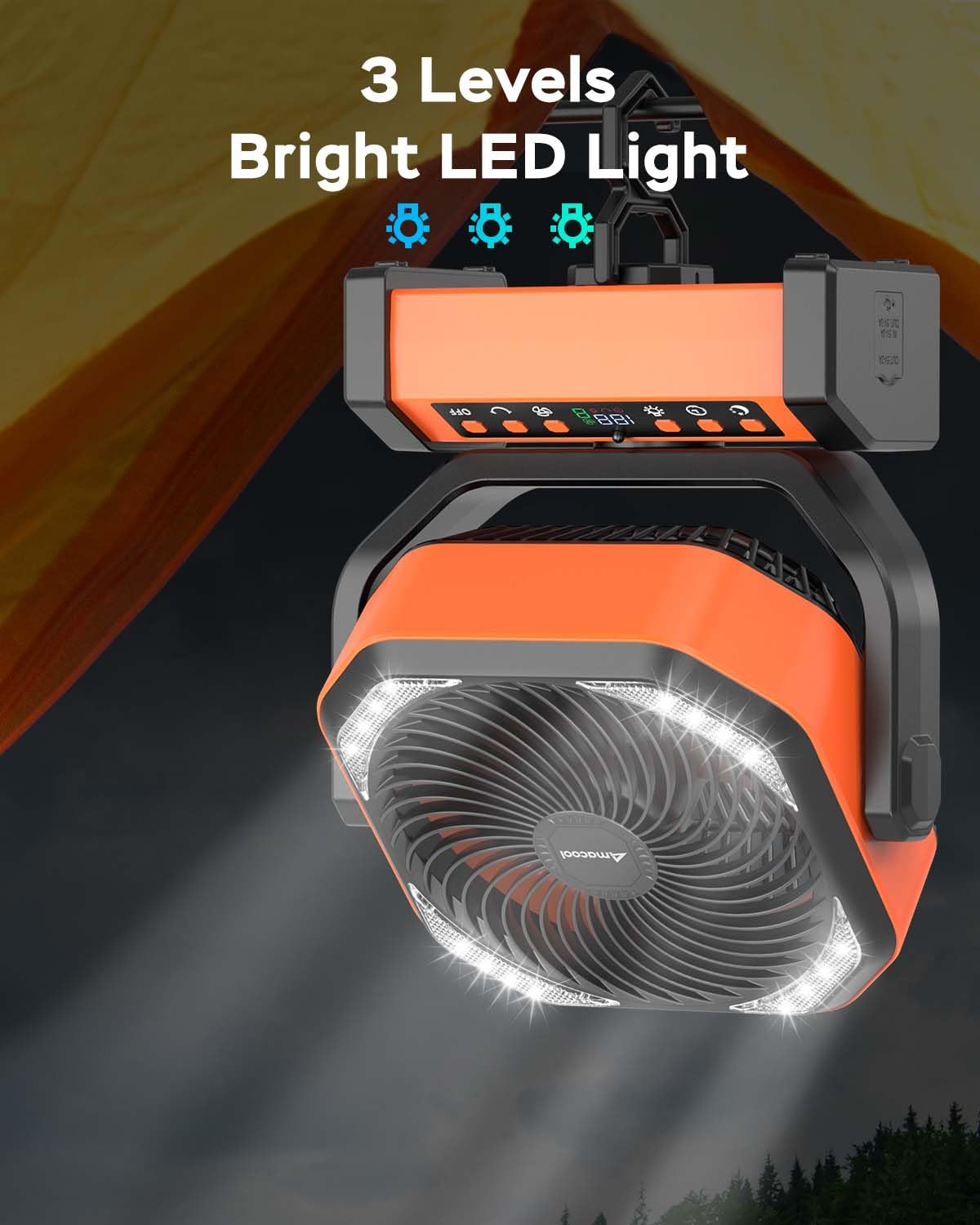 AMACOOL camping fan LED light provides 150 lumens for night visibility at camp.
