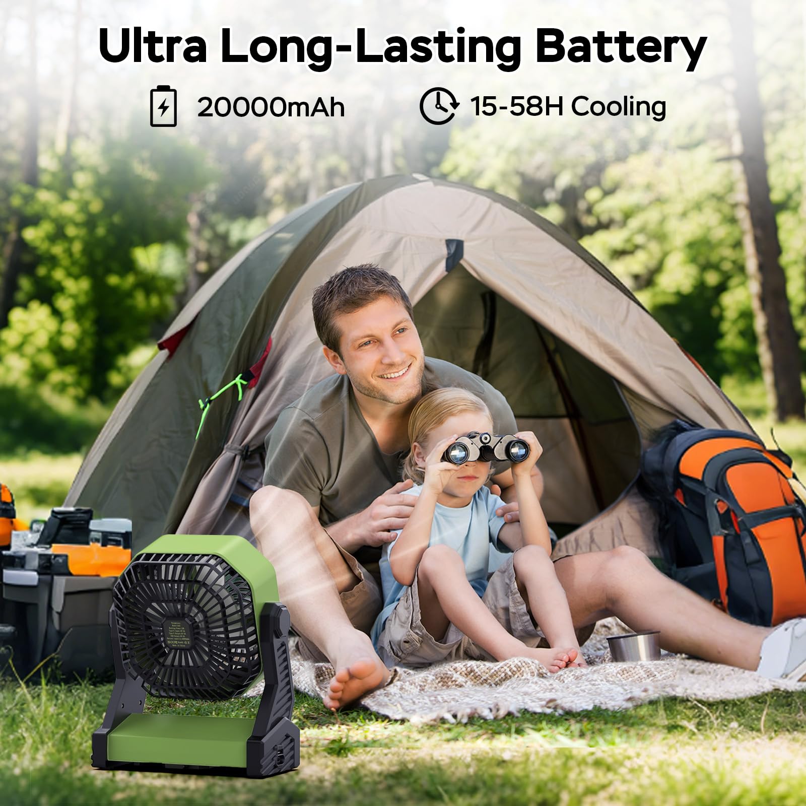 AMACOOL camping fan offers up to 58 hours runtime on low speed for extended trips.