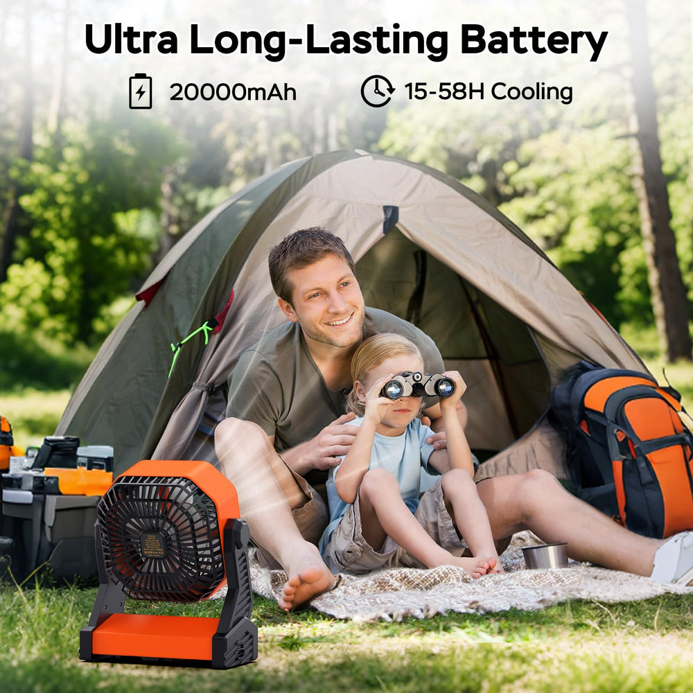 AMACOOL camping fan tilt-head for targeted airflow in tents.