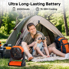 AMACOOL camping fan tilt-head for targeted airflow in tents.