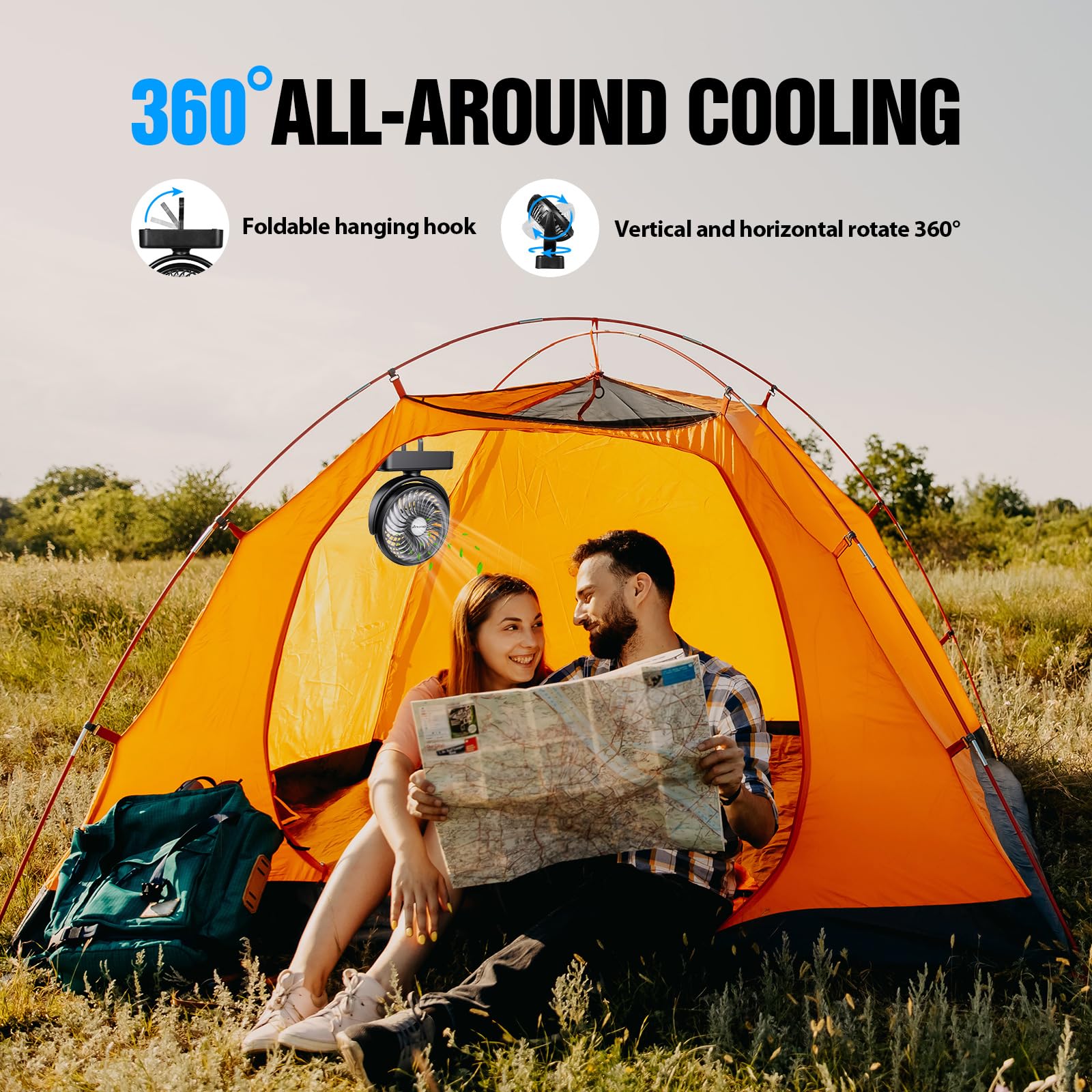 AMACOOL fan shows 360-degree rotation for flexible airflow