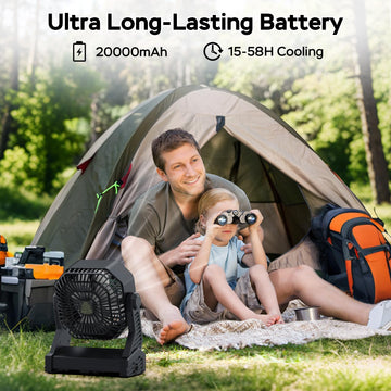 AMACOOL LED lantern camping fan showing tilt-head design for adjustable airflow