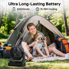 AMACOOL LED lantern camping fan showing tilt-head design for adjustable airflow