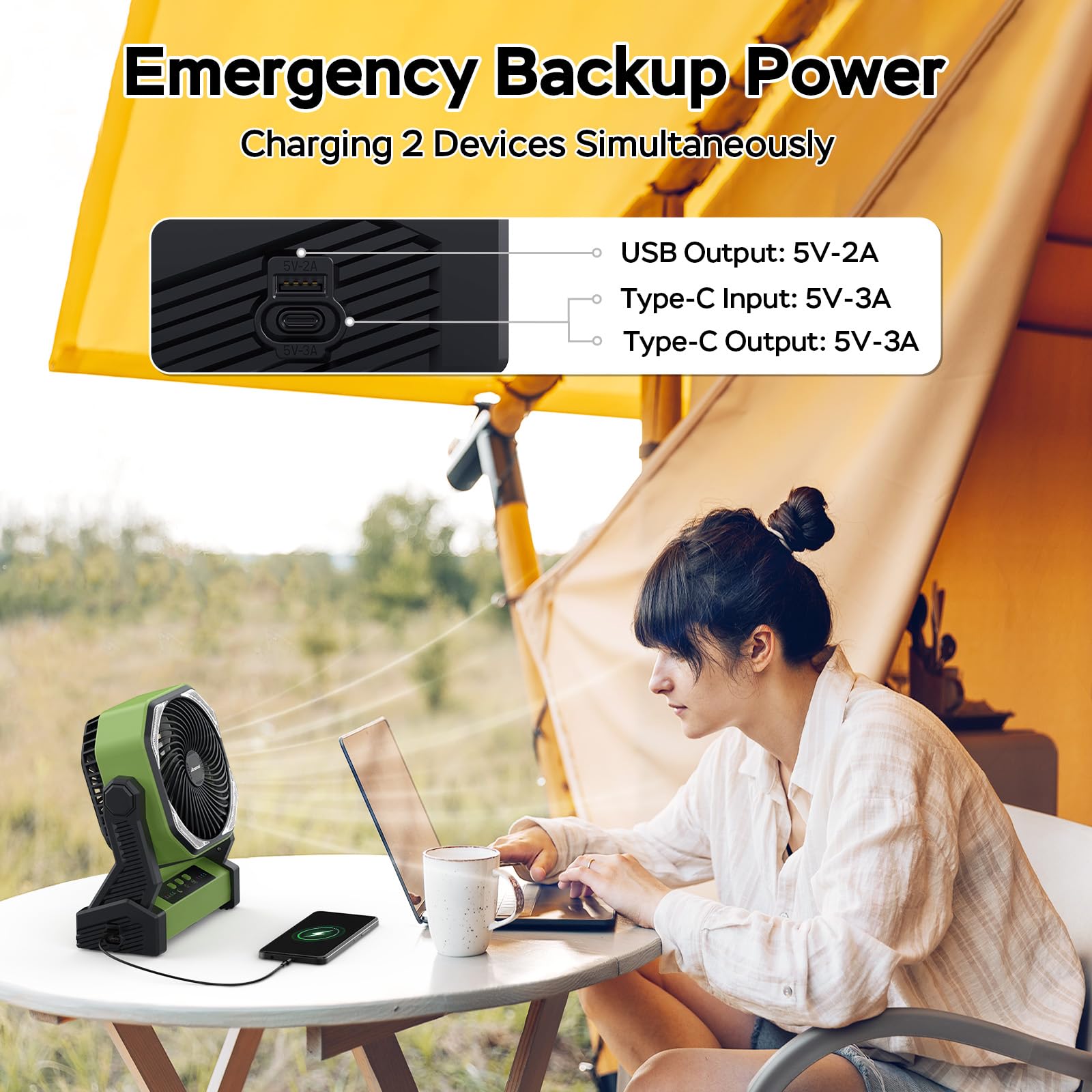 AMACOOL fan with four speeds for customizable airflow at campsites.